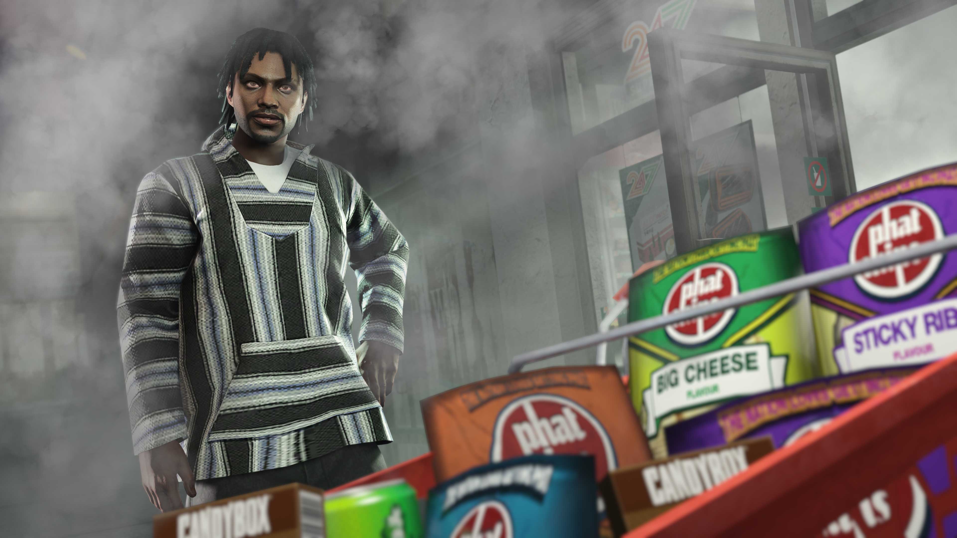 一名 GTA 在线模式角色被各种零食包围。
