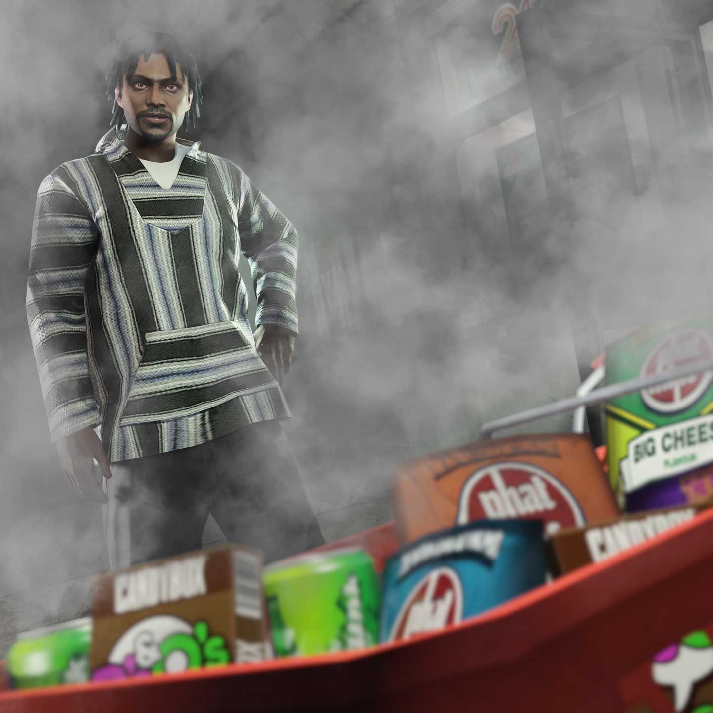 一名 GTA 在线模式角色被各种零食包围。