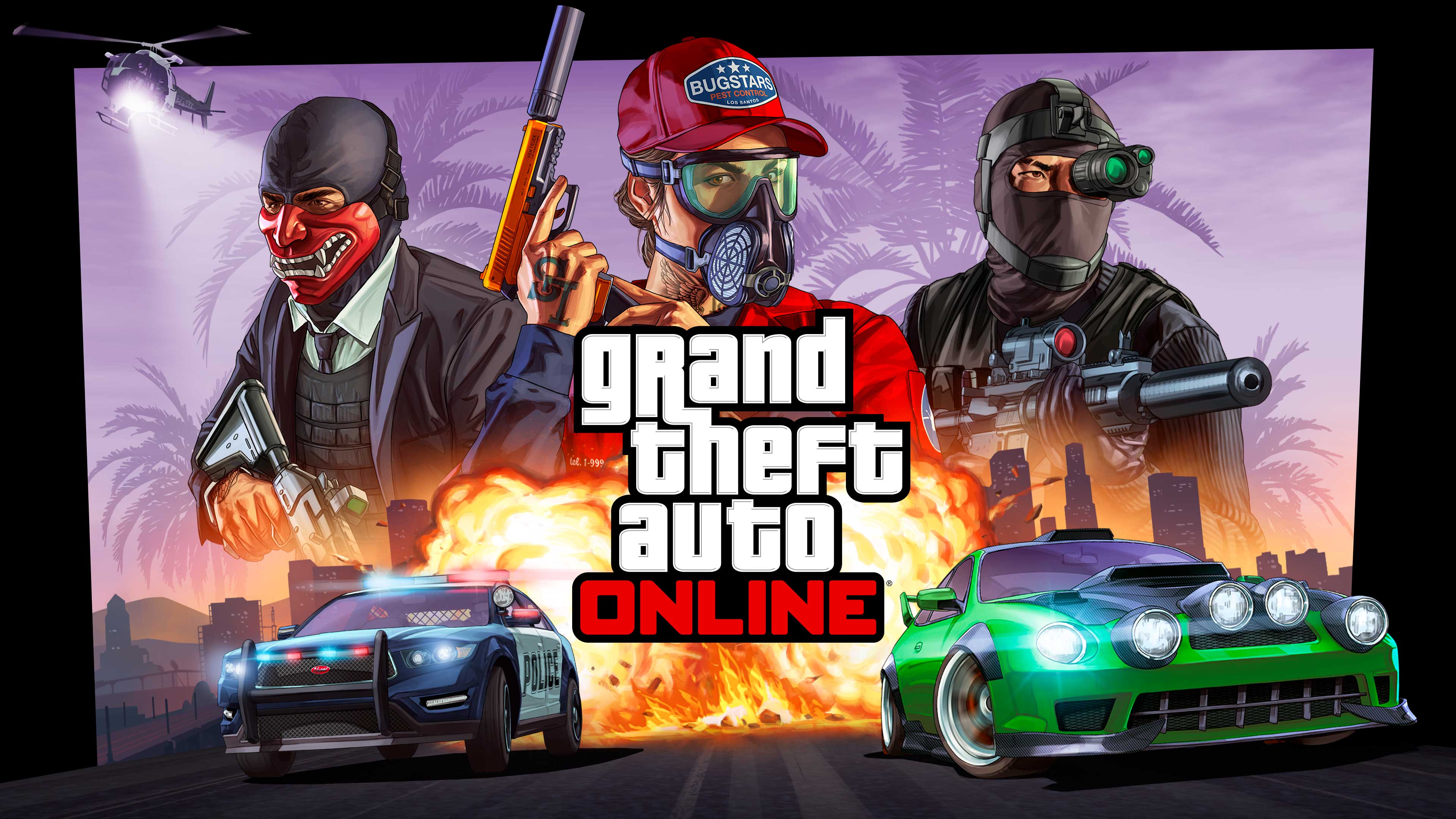 Grand Theft Auto在线模式艺术作品，绘有三名GTA在线模式武装角色，其下方是汽车驶离爆炸的场景。