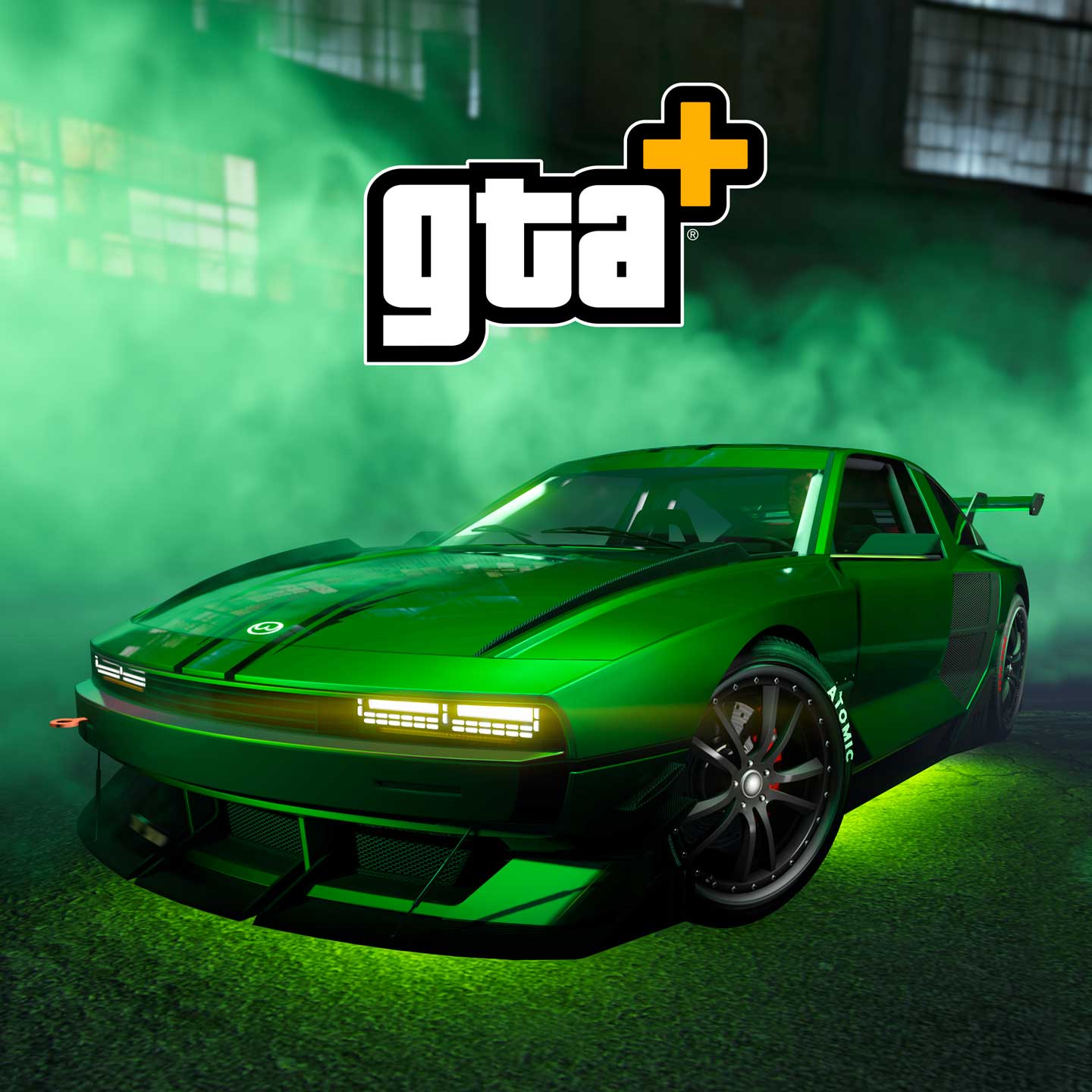 GTA+ 的海报，绘有一辆绿色的包洛坎英维萨格，四周环绕着绿烟。