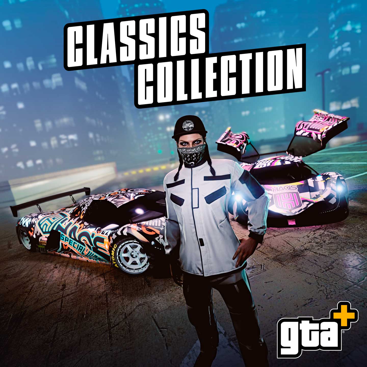 GTA+ 经典收藏活动海报，画有一名角色穿着洛圣都改车王正戴棒球帽和围脖，站在两辆改装车旁边。