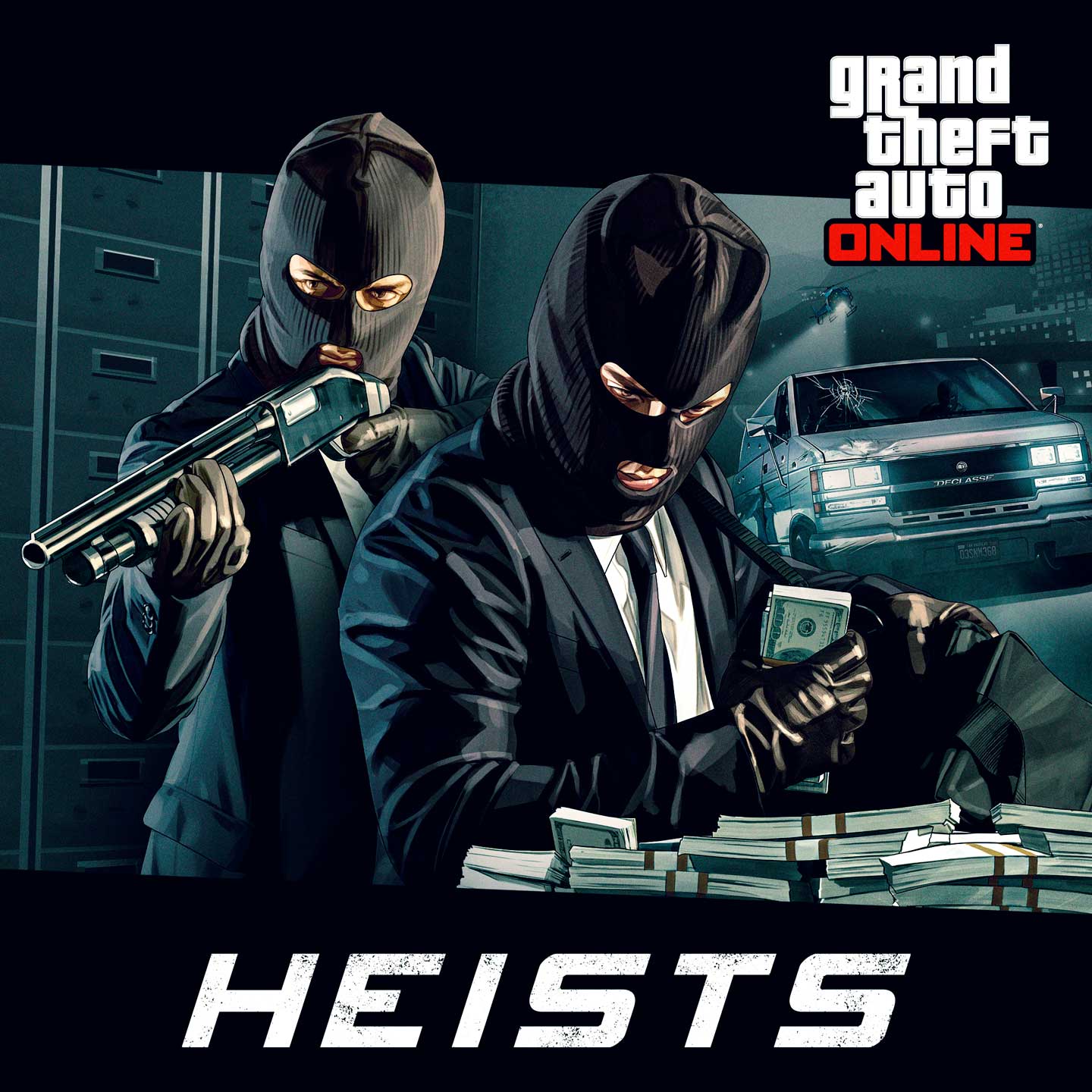 Grand Theft Auto 在线模式抢劫任务海报蒙太奇：两个身着西装的蒙面角色；一个手持武器，另一个将钱藏进包里。另一个场景是一辆满身弹孔的厢型车正在躲避警用直升机的追捕。