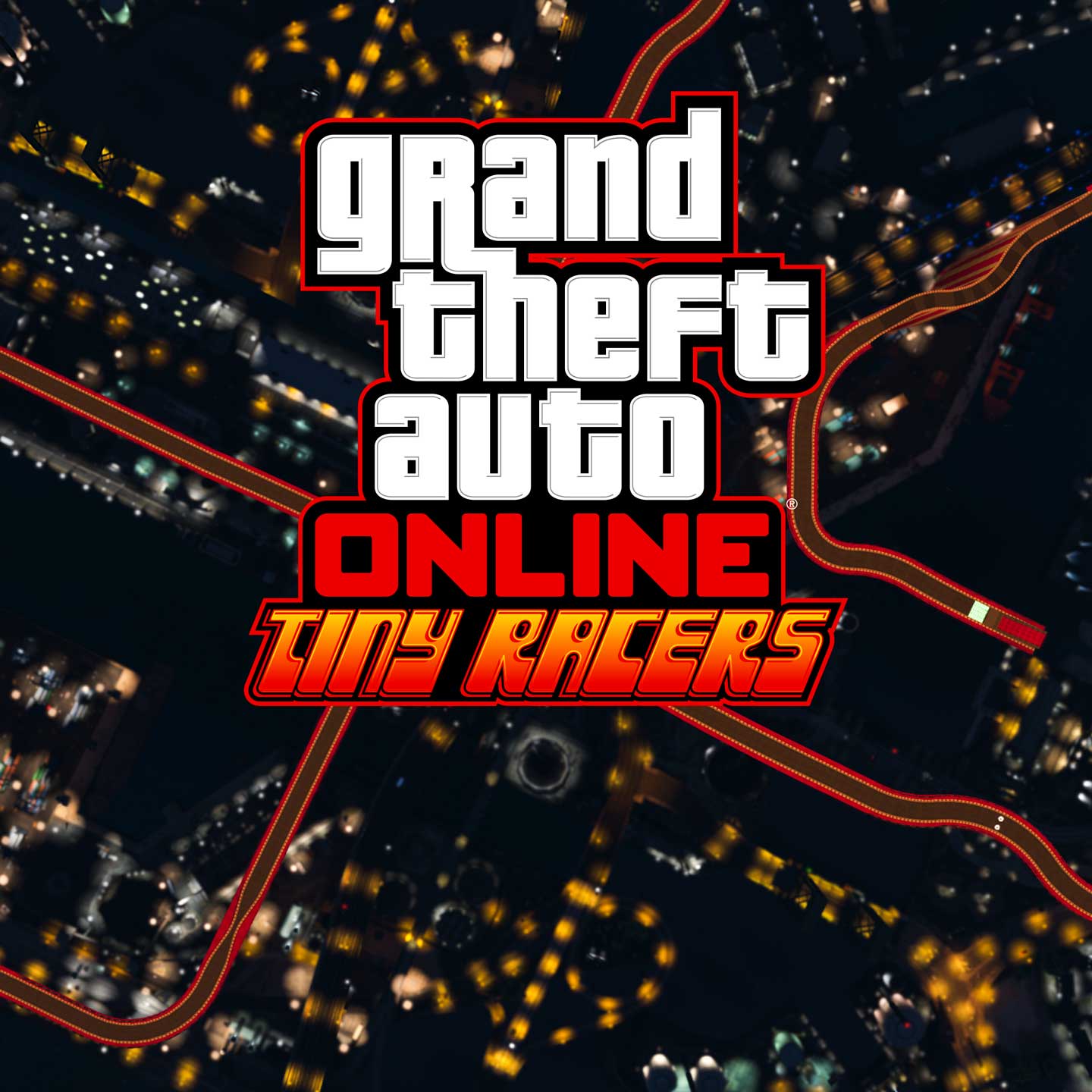 Grand Theft Auto 在线模式迷你竞速海报，绘有城市街道的鸟瞰图。