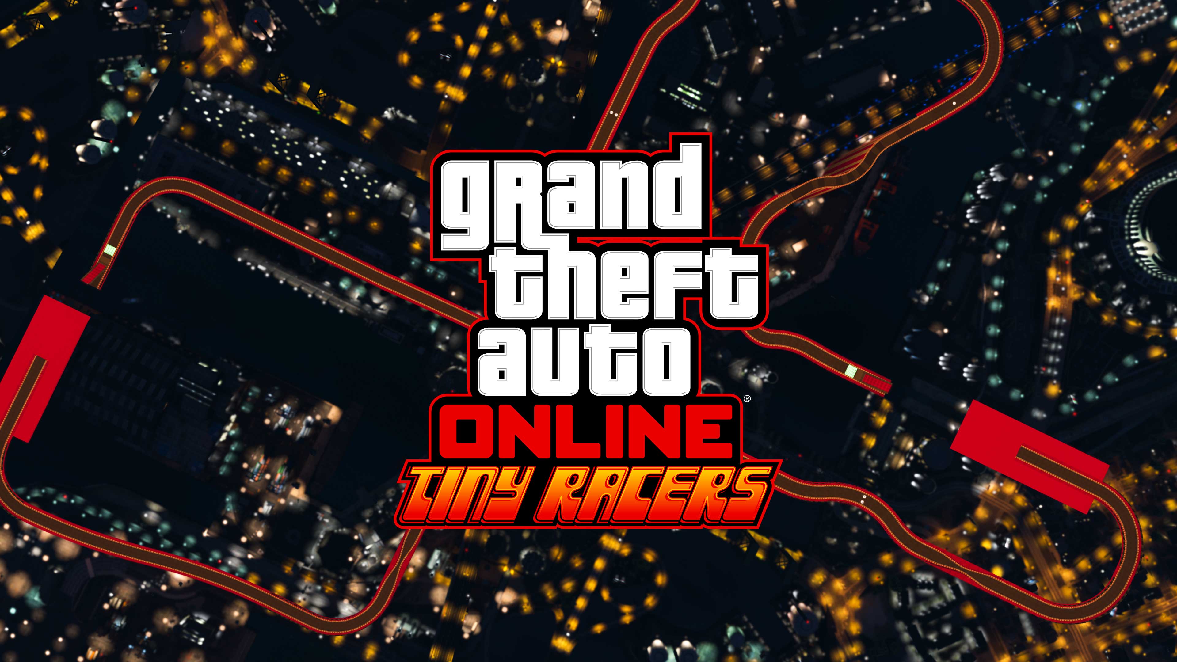 Grand Theft Auto 在线模式迷你竞速海报，绘有城市街道的鸟瞰图。