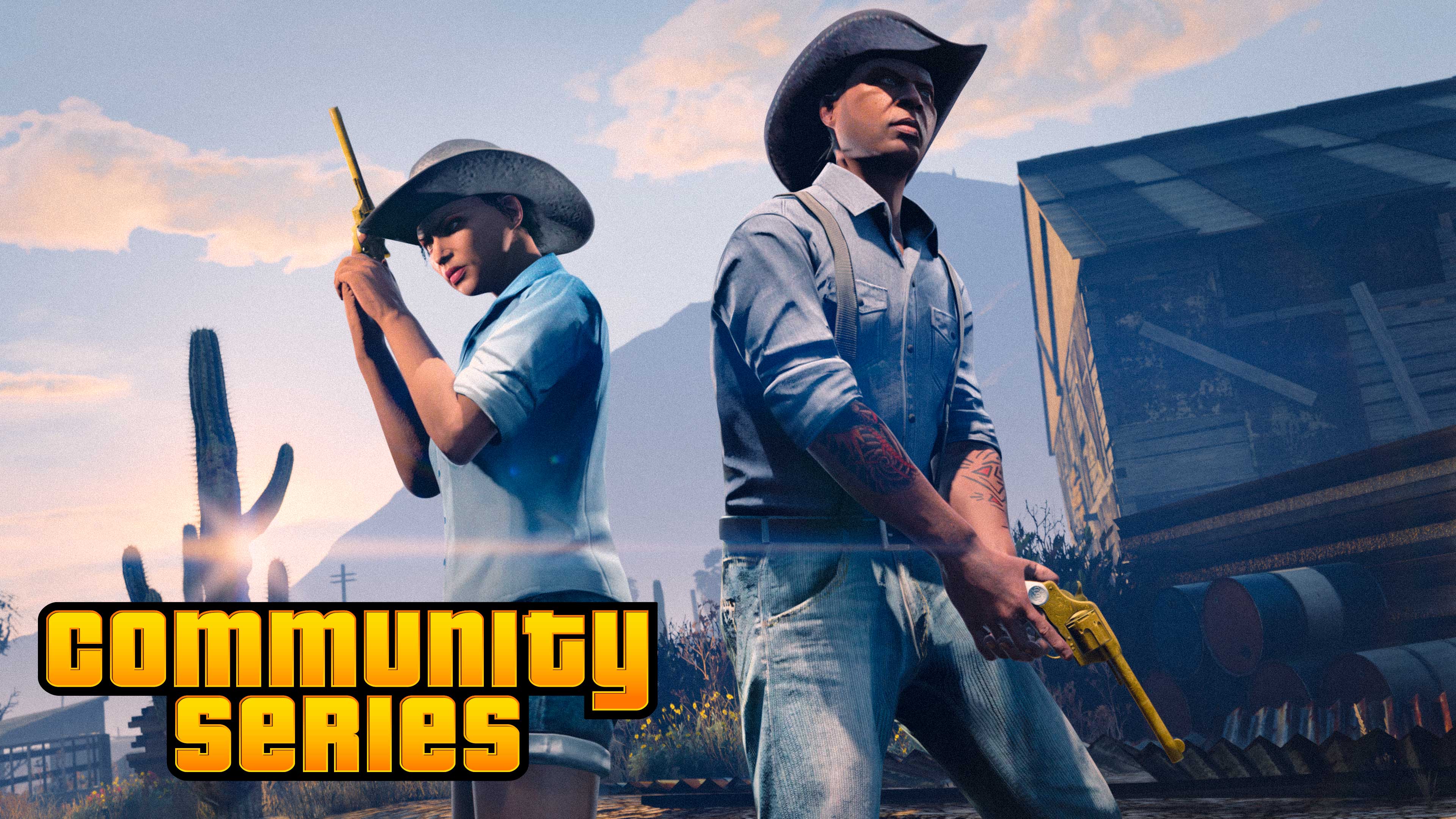 两名 GTA 在线模式玩家在一场社区系列活动中拿着金色左轮手枪。