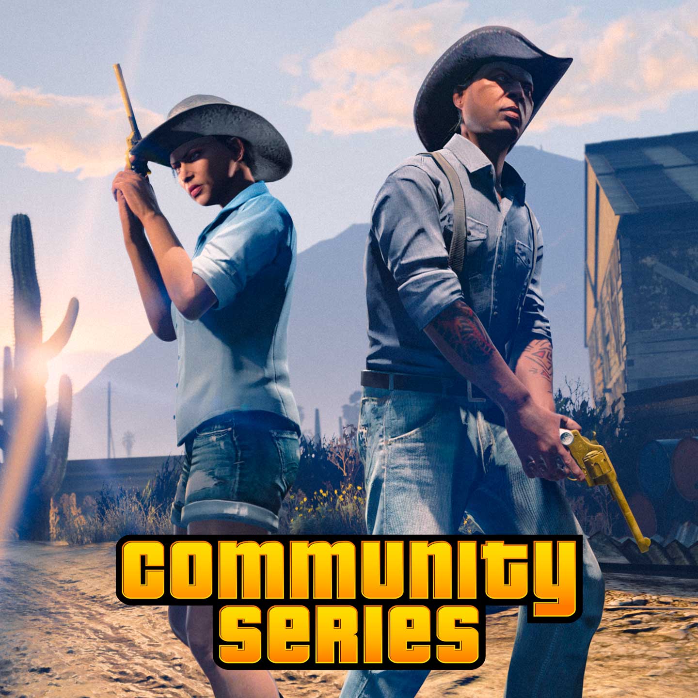 两名 GTA 在线模式玩家在一场社区系列活动中拿着金色左轮手枪。
