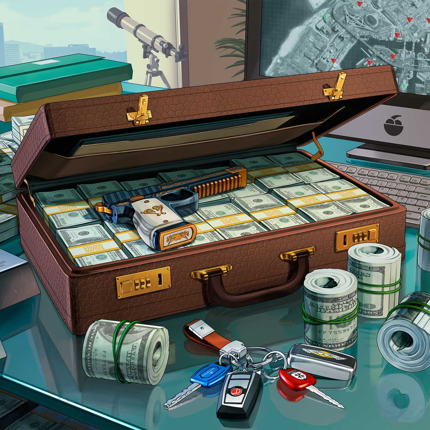 GTA Online artwork of briefcase full of cash