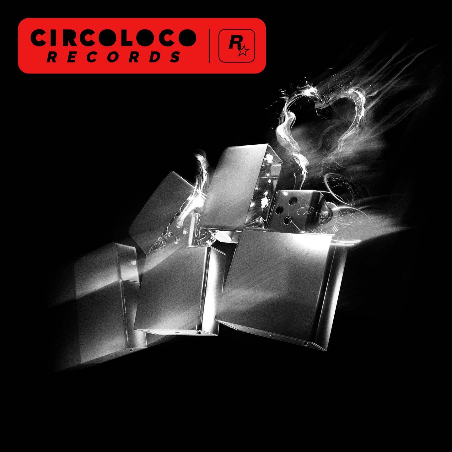 CircoLoco Records海报，绘有三只打火机，其中一只的火焰呈心形。