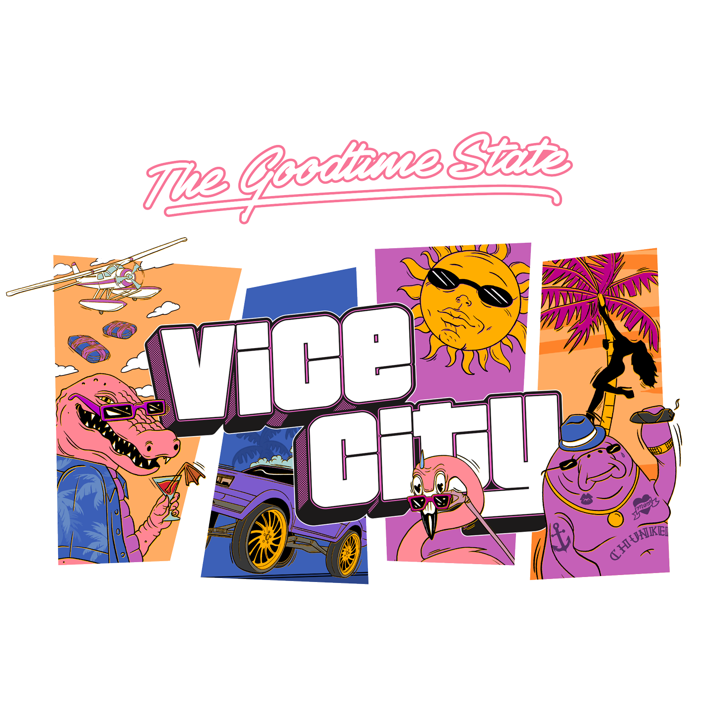 The Goodtime State: Vice City美术图，绘有多名角色，包括拿着饮品的鳄鱼麦加、戴着太阳镜的太阳、一只从太阳镜上方偷看的火烈鸟和抽雪茄烟的海牛胖墩。