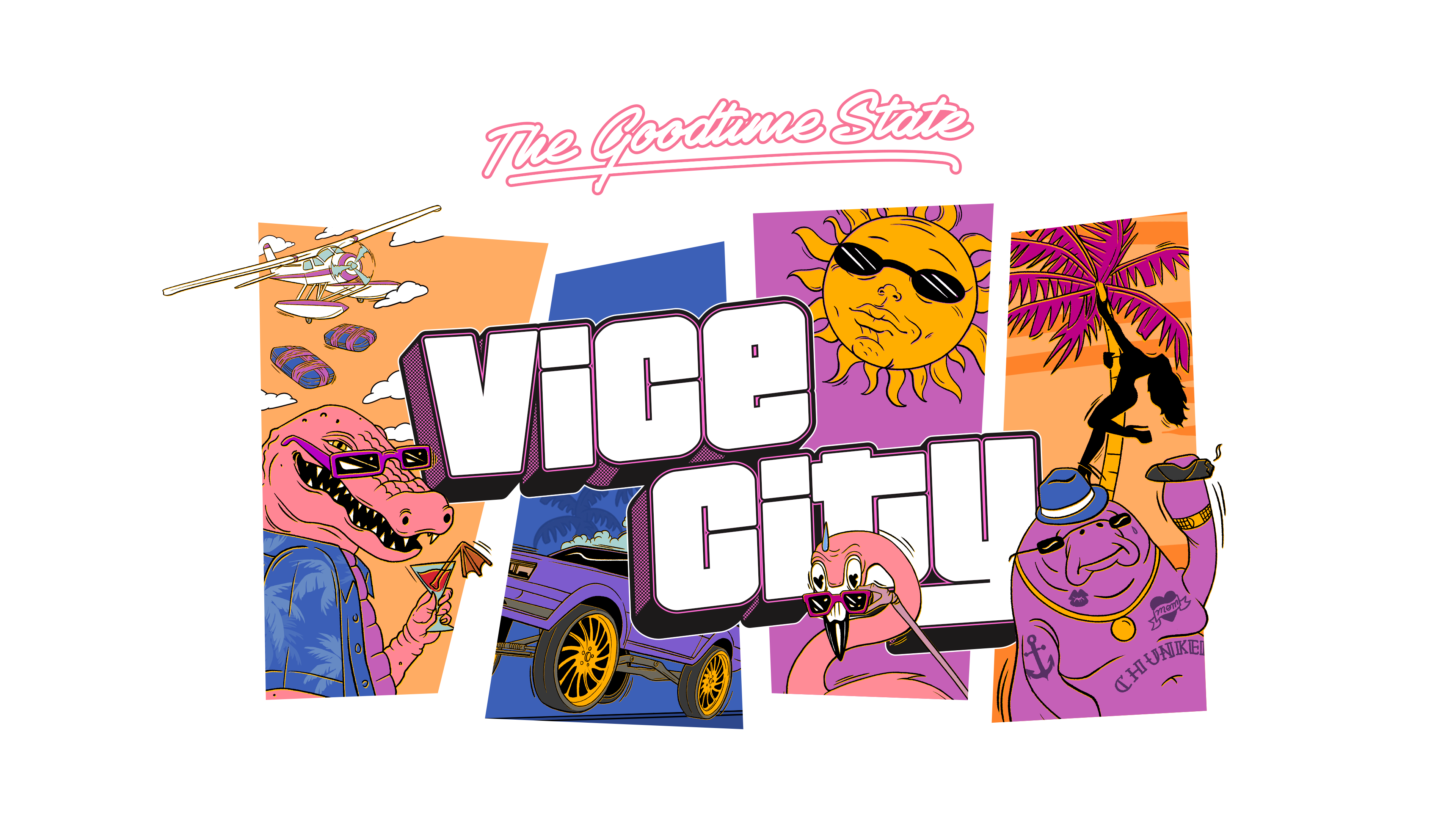 The Goodtime State: Vice City美术图，绘有多名角色，包括拿着饮品的鳄鱼麦加、戴着太阳镜的太阳、一只从太阳镜上方偷看的火烈鸟和抽雪茄烟的海牛胖墩。
