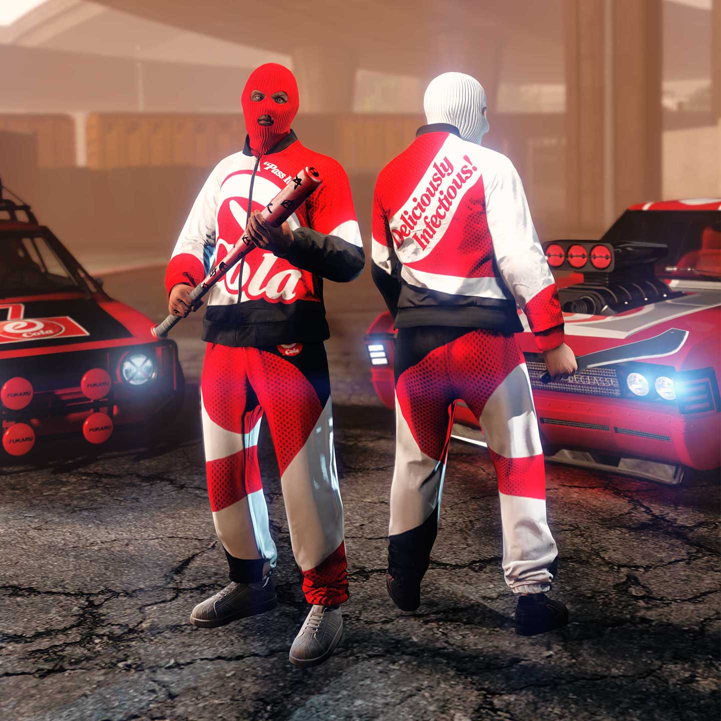 Two masked GTA Online characters wearing the eCola Tracksuit and armed with a baseball bat and machete stand in front of two vehicles with an eCola livery.