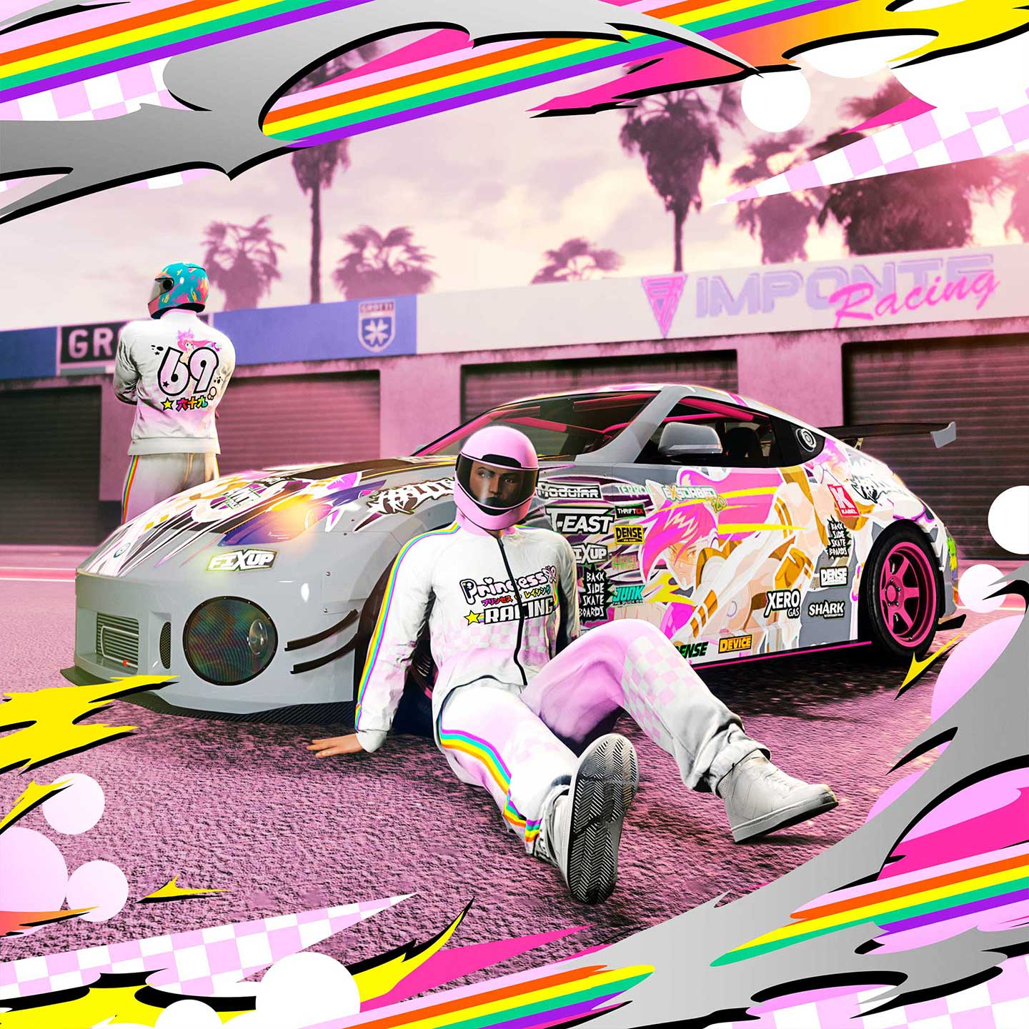 A GTA Online character sits on the floor against their car with a Princess Robot Bubblegum livery as they wear a matching Tracksuit.