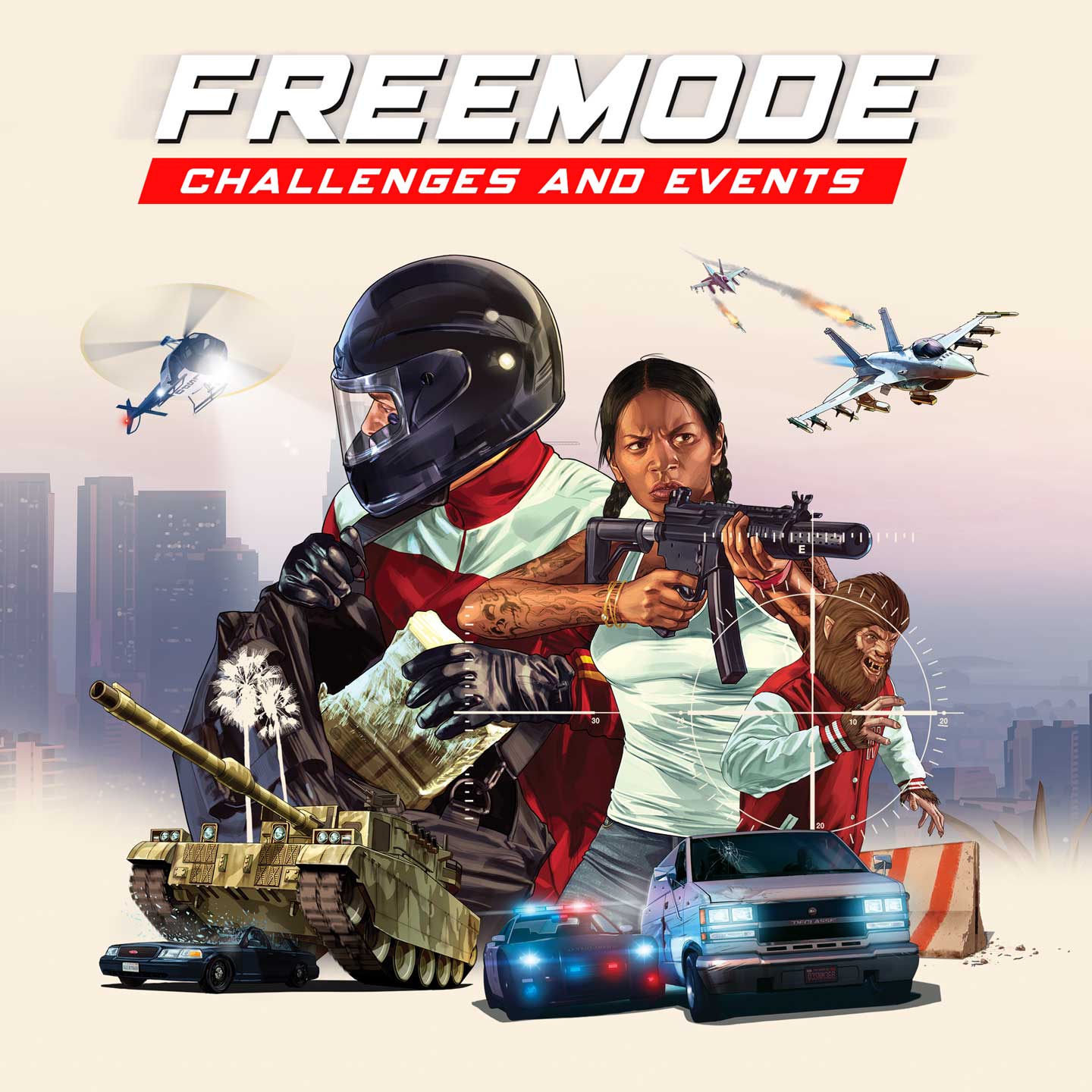 Freemode Challenges and Events poster featuring artwork of various types of vehicles such as a tank, police cars, and jets surrounding two characters. One character wears a tracksuit and helmet, and the other aims an assault rifle.