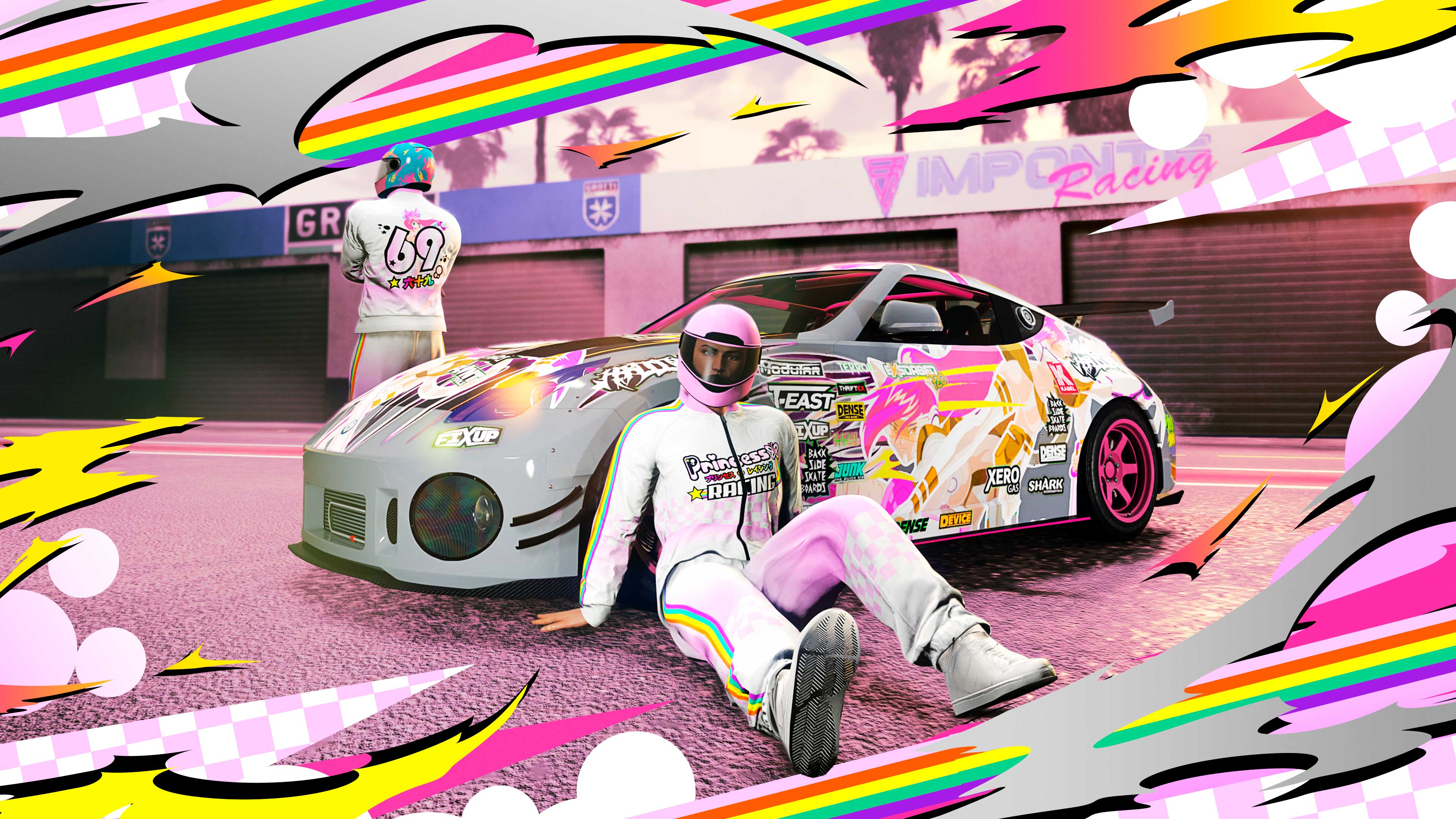 A GTA Online character sits on the floor against their car with a Princess Robot Bubblegum livery as they wear a matching Tracksuit.