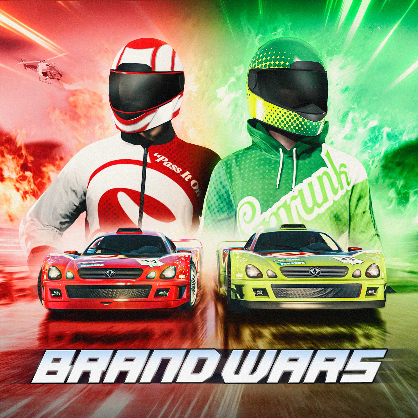 GTA Online Brand Wars poster with two GTA Online characters in Sprunk and eCola apparel and two racing vehicles with Sprunk and eCola liveries.