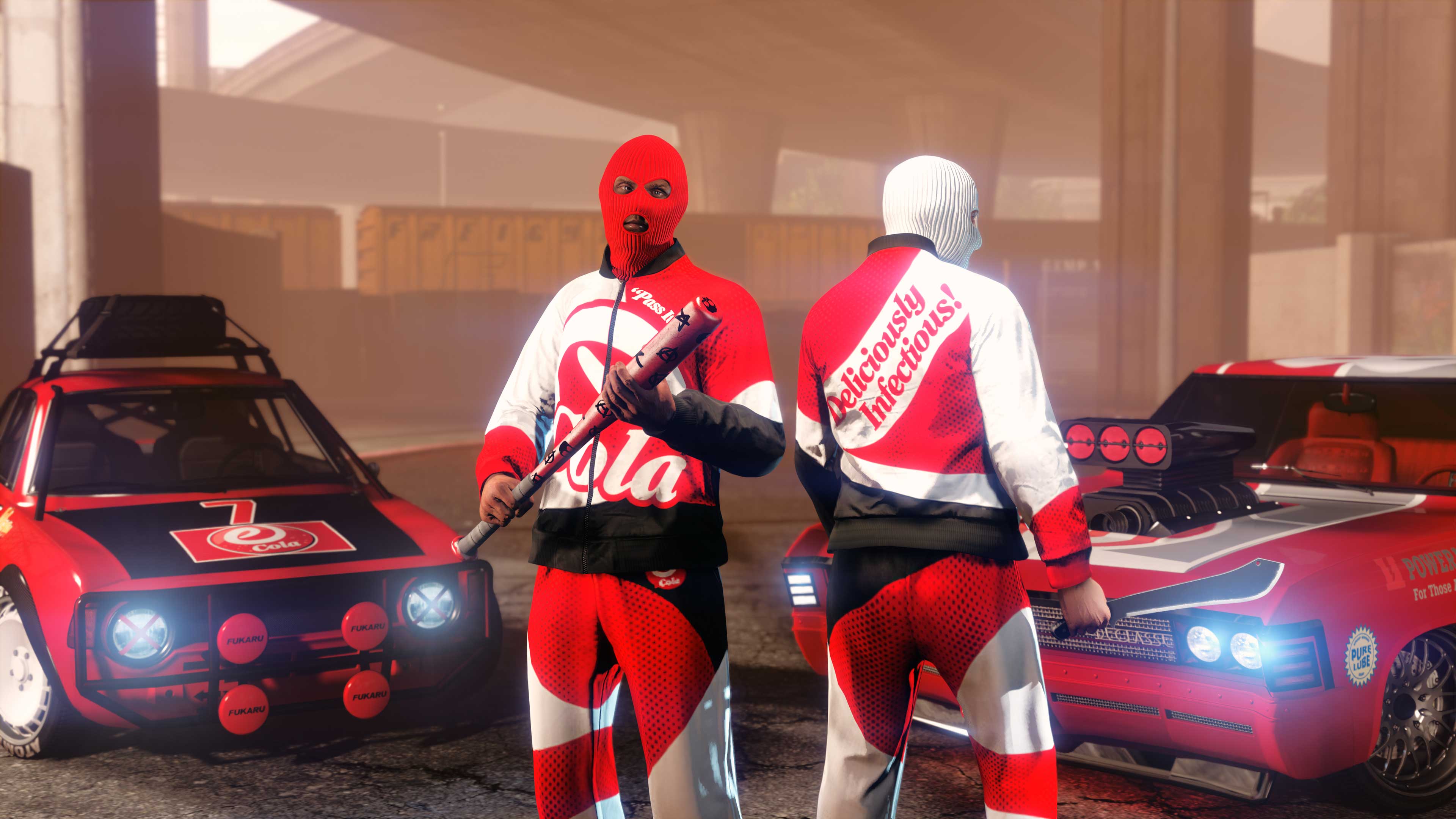Two masked GTA Online characters wearing the eCola Tracksuit and armed with a baseball bat and machete stand in front of two vehicles with an eCola livery.
