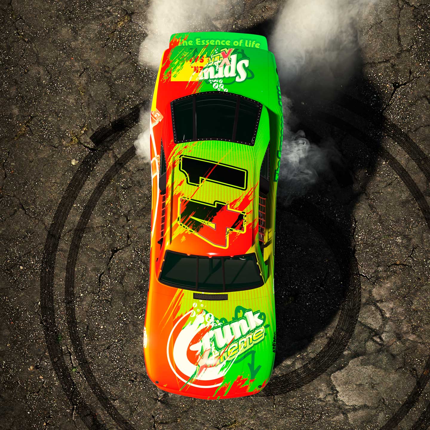 Top-down view of a Hotring Sabre car doing donuts while sporting the green and red Sprunk x eCola livery.