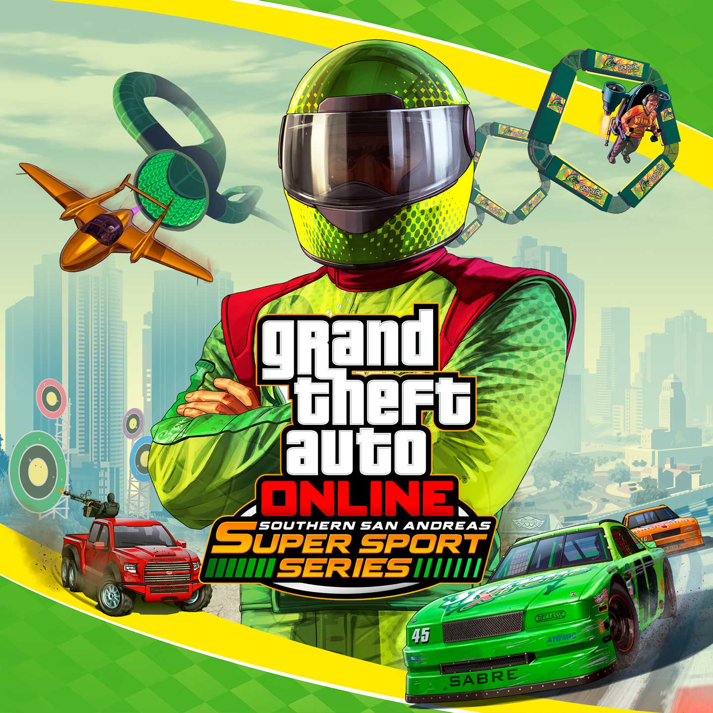 Southern San Andreas Super Sport Series poster featuring artwork of a character wearing a green Sprunk tracksuit surrounded by a montage of extreme sports such as jetpacking through rings, shooting targets from a moving vehicle, a jet flying through a curvy tunnel, and car races.