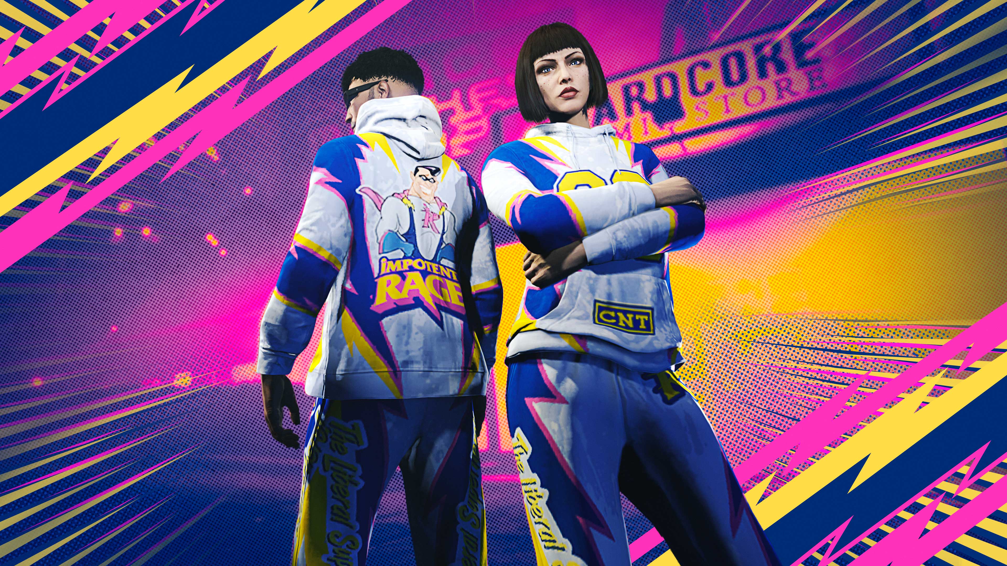 Two GTA Online characters show off the Impotent Rage Sweatsuit.