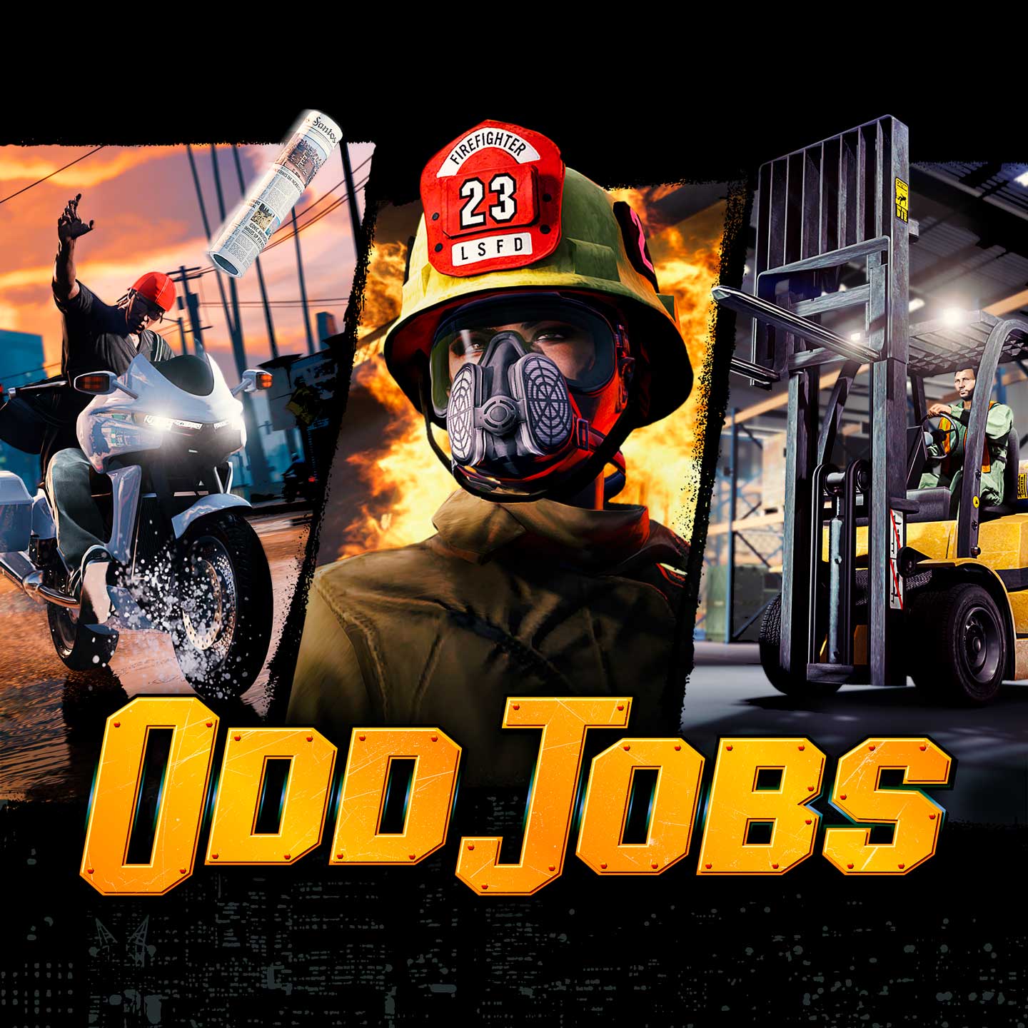 Odd Jobs poster featuring a three-strip montage with one character delivering newspapers from a motorcycle, another in firefighting gear, and another operating a forklift truck.