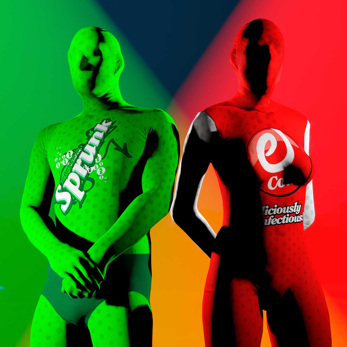 Two GTA Online characters wear branded bodysuits. One wears a green Sprunk bodysuit, while the other wears a red eCola bodysuit.