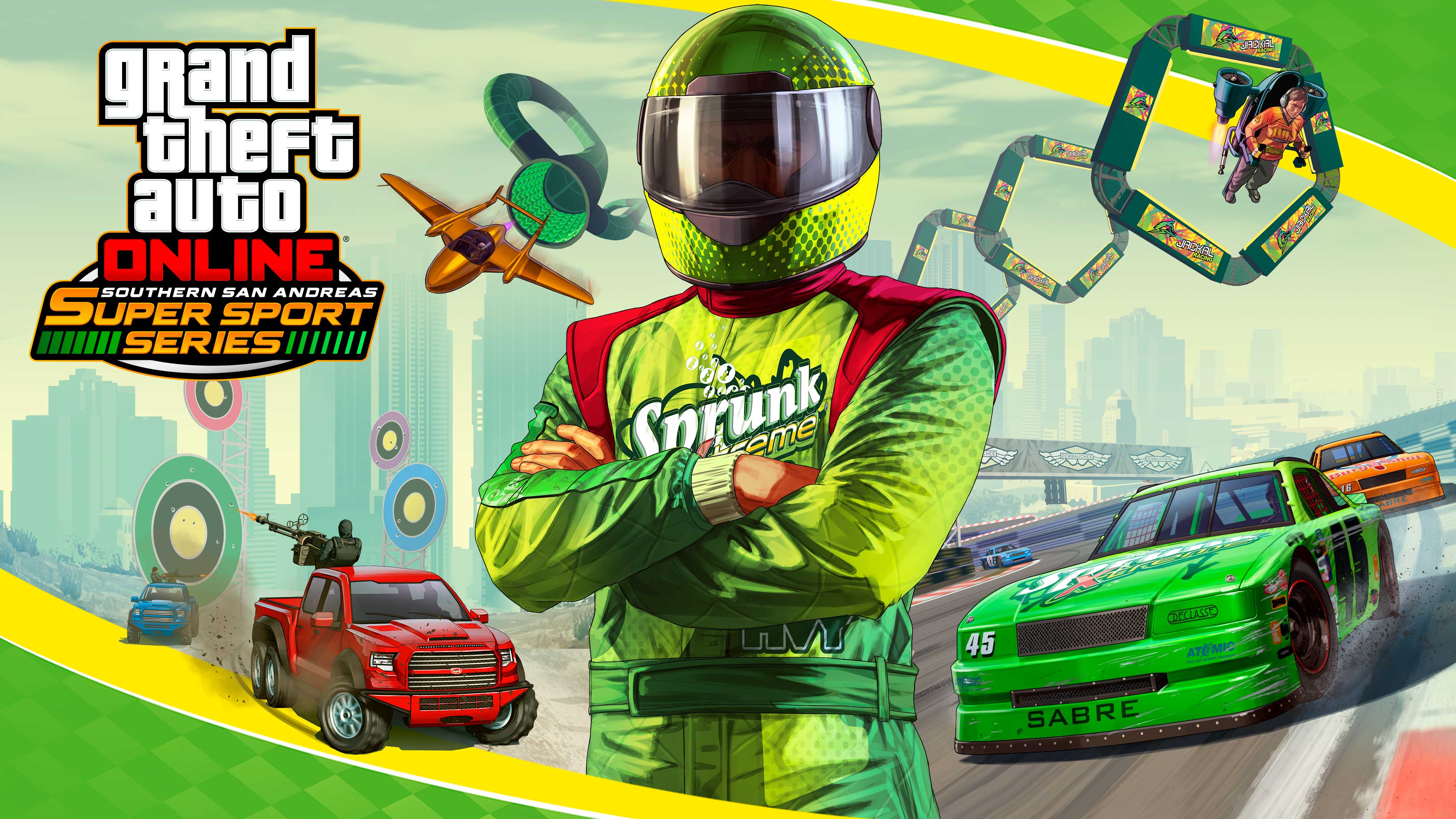 Southern San Andreas Super Sport Series poster featuring artwork of a character wearing a green Sprunk tracksuit surrounded by a montage of extreme sports such as jetpacking through rings, shooting targets from a moving vehicle, a jet flying through a curvy tunnel, and car races.