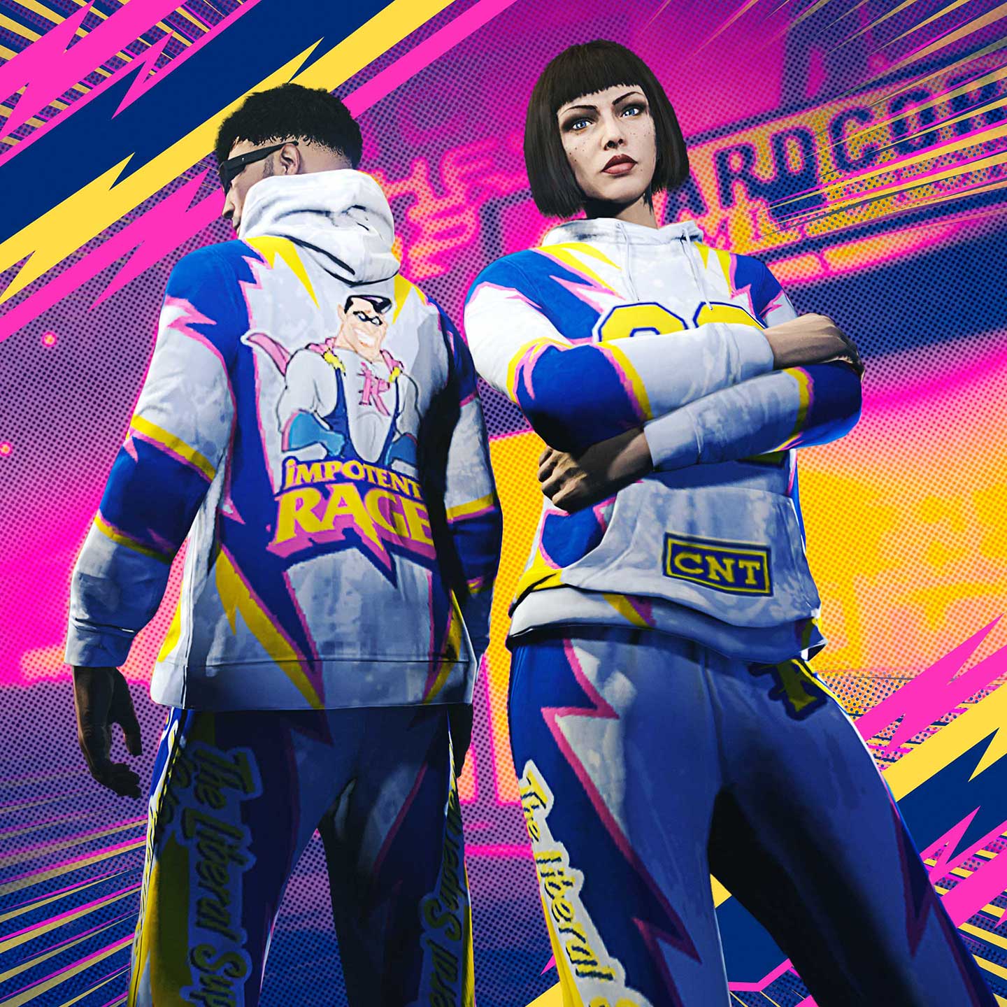 Two GTA Online characters show off the Impotent Rage Sweatsuit.