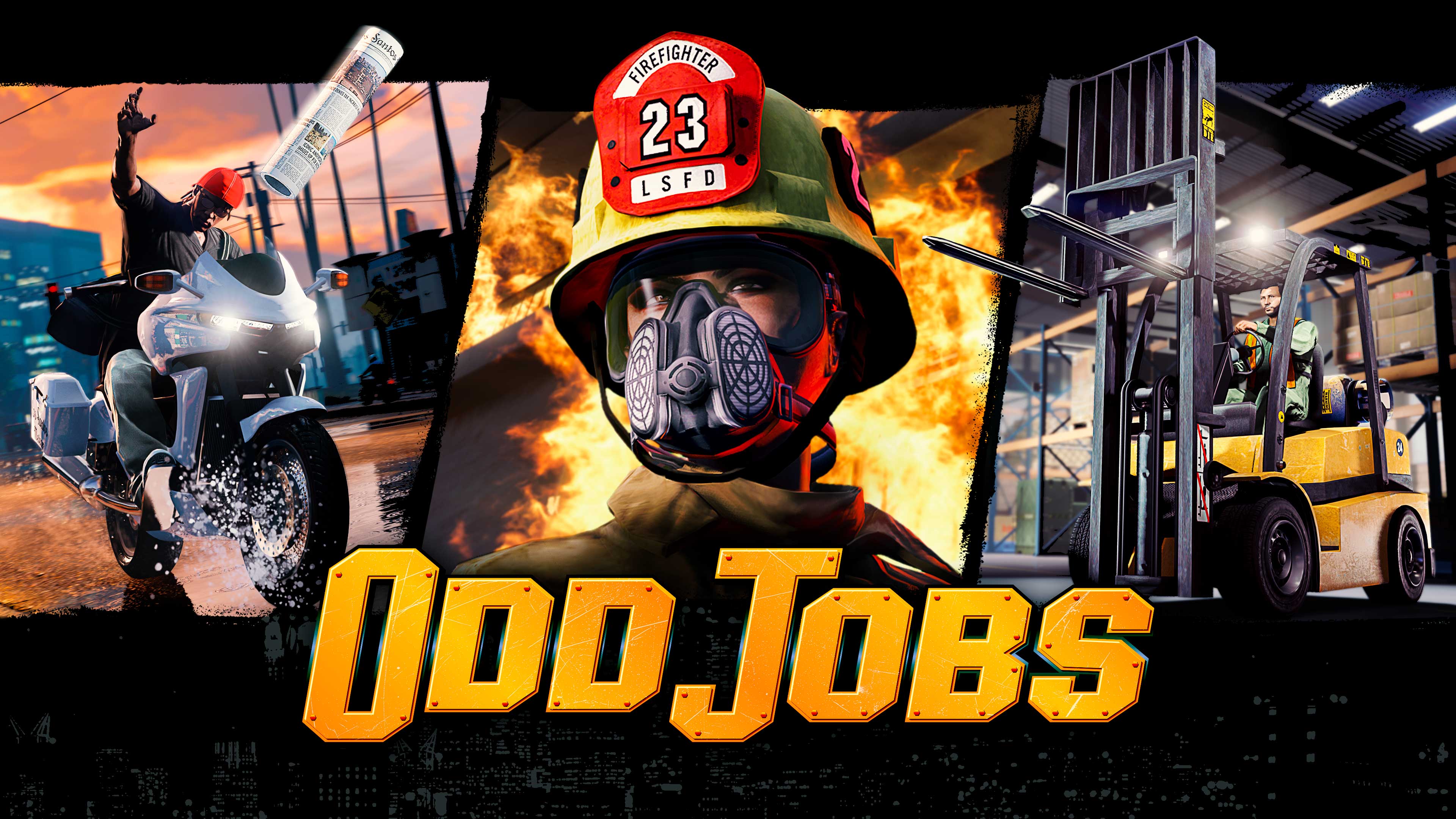 Odd Jobs poster featuring a three-strip montage with one character delivering newspapers from a motorcycle, another in firefighting gear, and another operating a forklift truck.