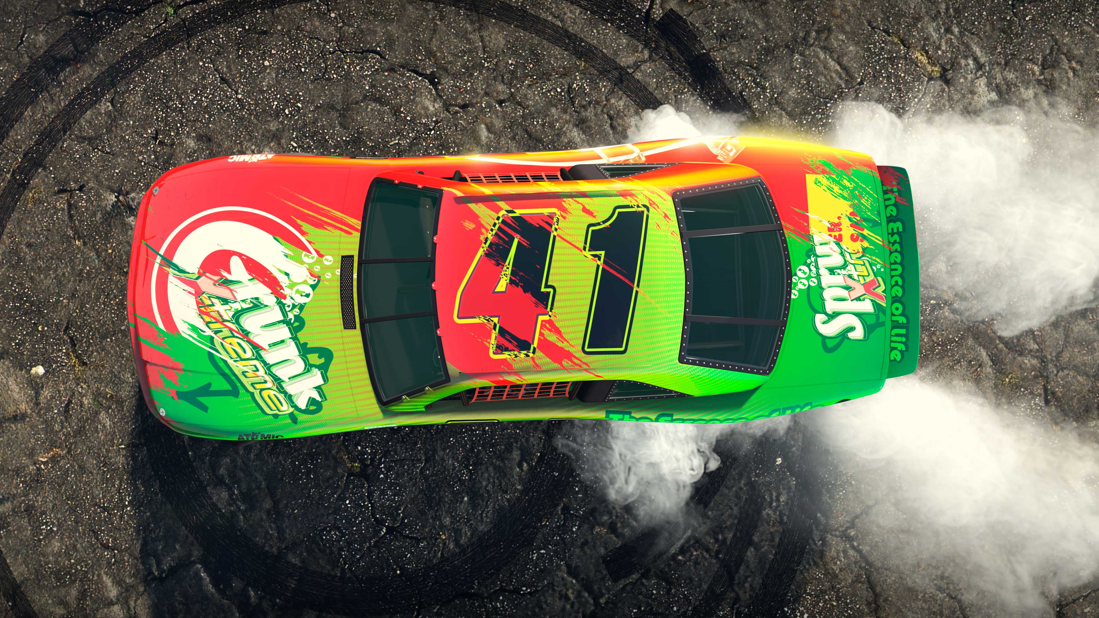 Top-down view of a Hotring Sabre car doing donuts while sporting the green and red Sprunk x eCola livery.
