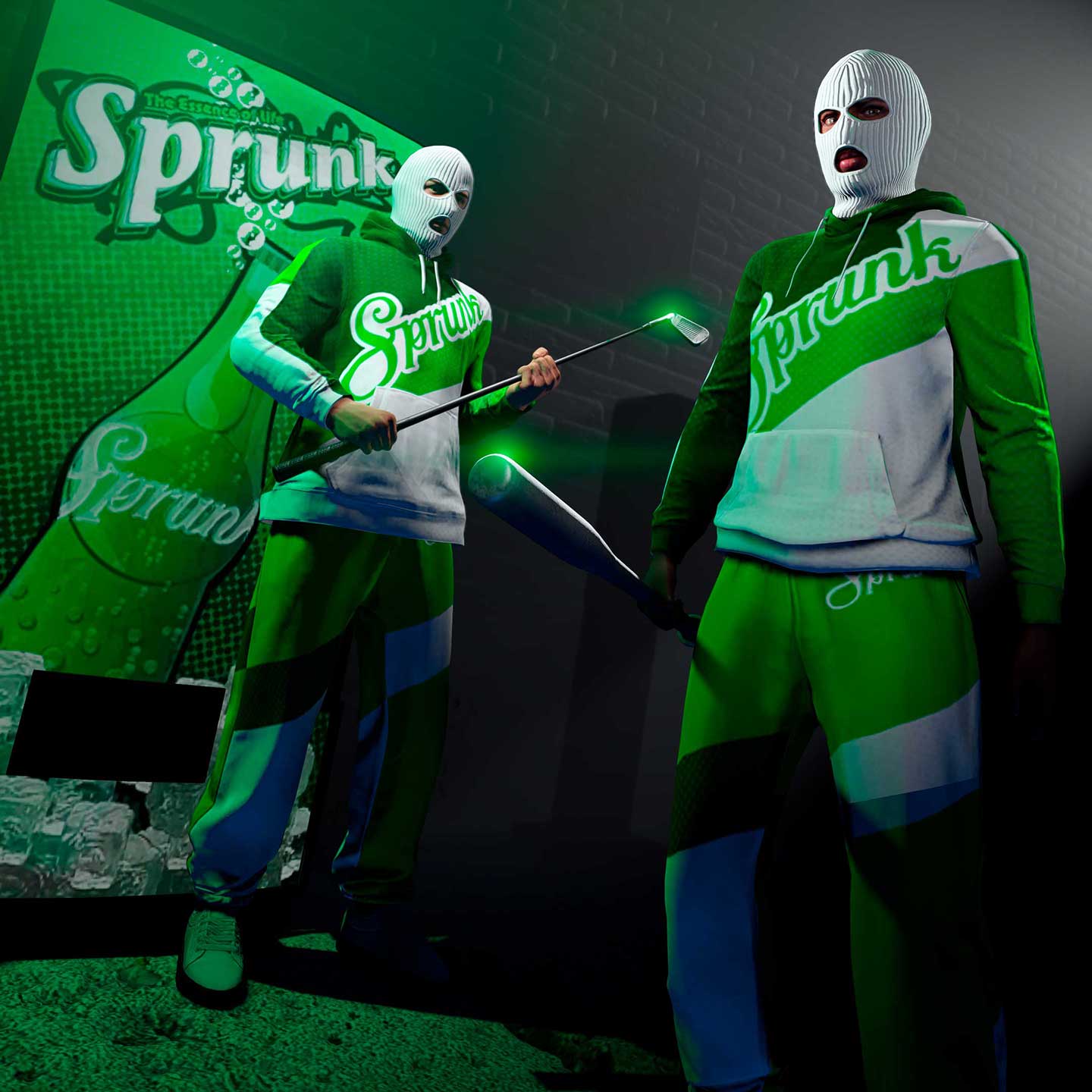 Two masked GTA Online characters wearing the Sprunk Sweatsuit and armed with a golf club and baseball bat stand in front of a Sprunk vending machine.