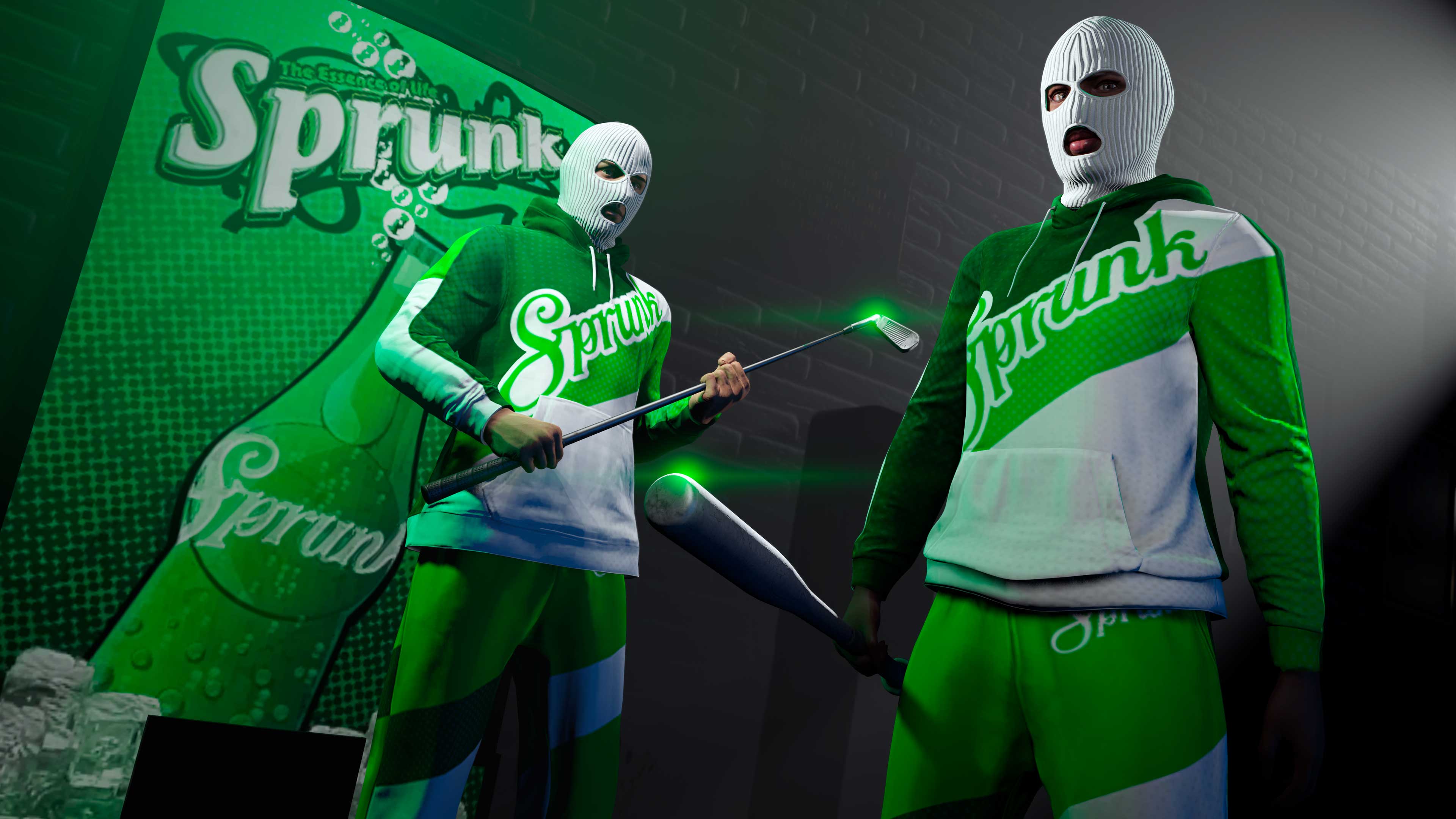 Two masked GTA Online characters wearing the Sprunk Sweatsuit and armed with a golf club and baseball bat stand in front of a Sprunk vending machine.