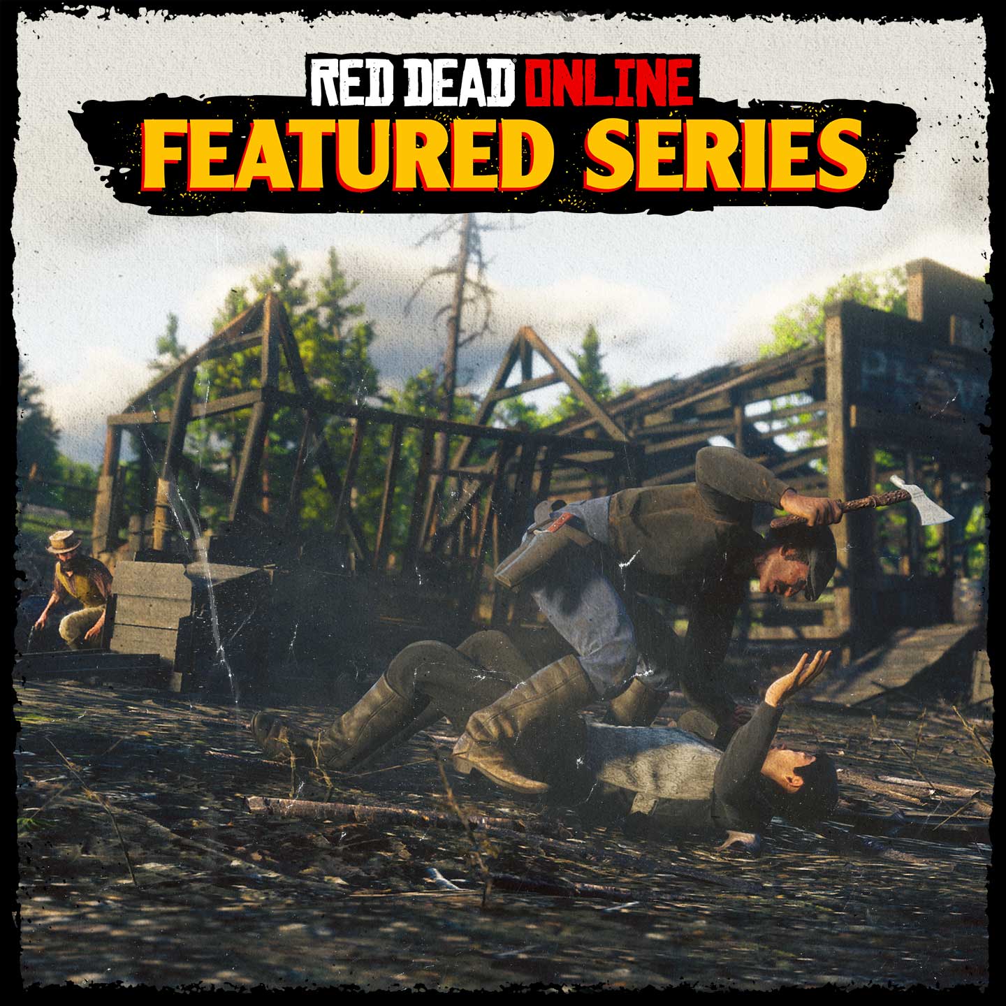 Red Dead 在线模式精选系列赛，一名角色将另一人按在地上，举起手中的小斧头。