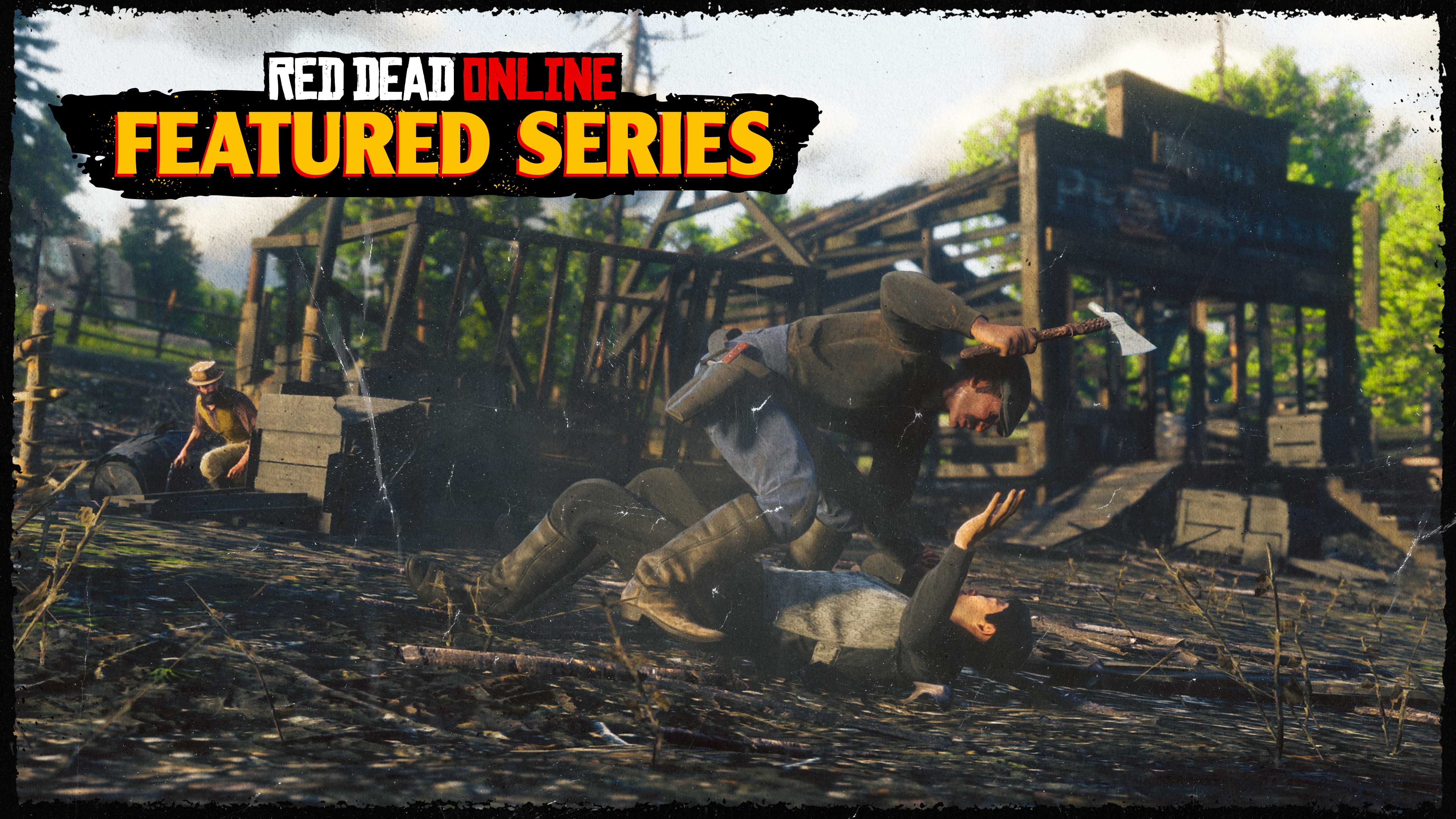 Red Dead 在线模式精选系列赛，一名角色将另一人按在地上，举起手中的小斧头。