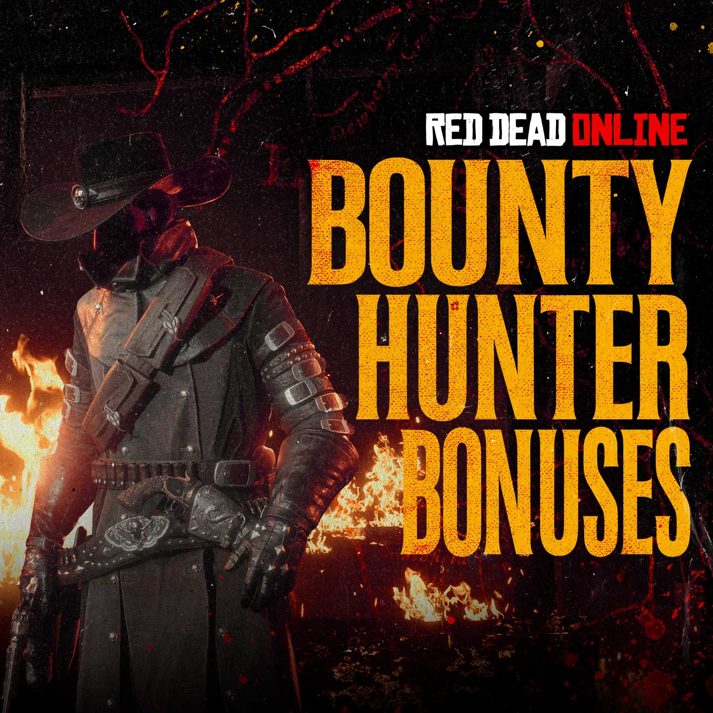 Red Dead 在线模式赏金猎人奖励海报，绘有一名神秘角色背对火焰远去。