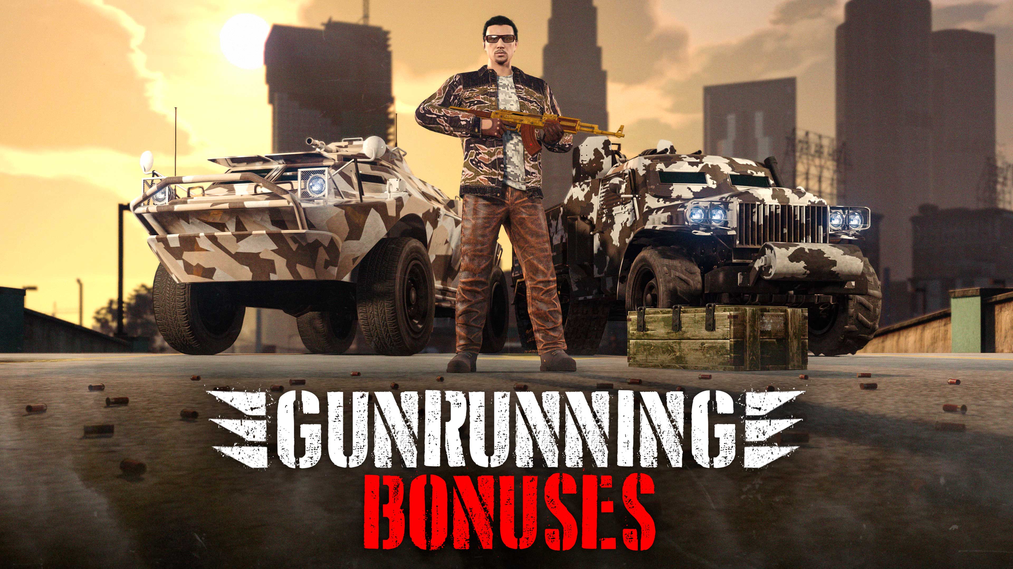 军火贸易奖励海报。一名 GTA 在线模式玩家手持一把金色 AK-47，身后有两辆军用车。