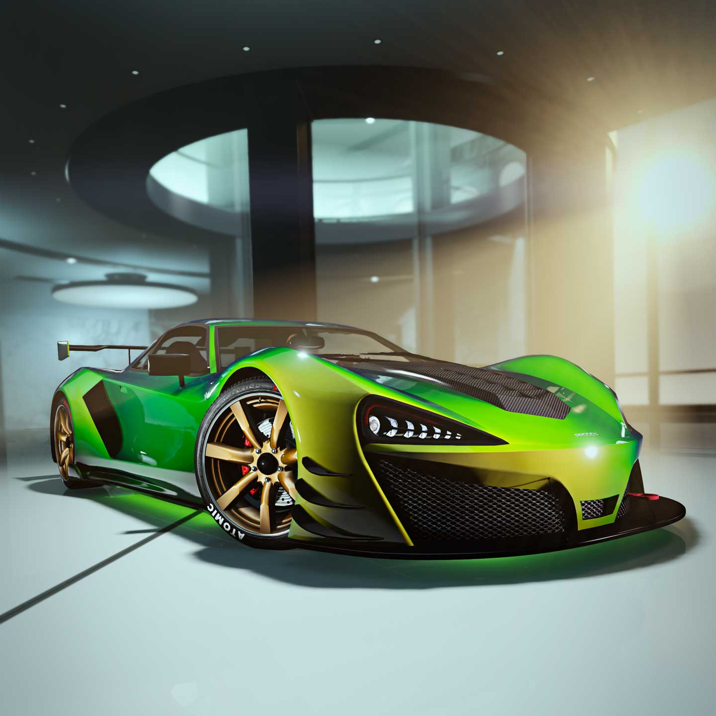 A green pearlescent 3-door Progen Itali GTB super car with gold rims and a green underglow.