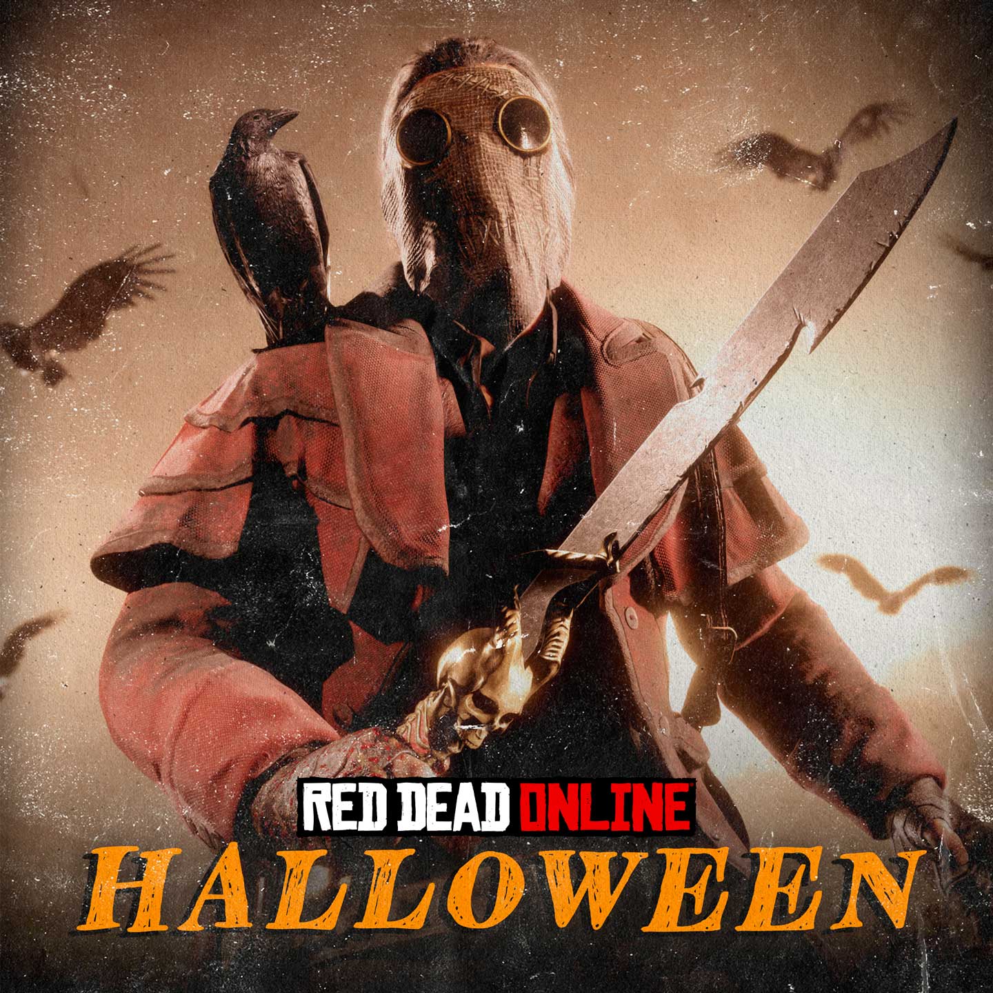 Red Dead 在线模式角色与“万圣节”徽标的图片