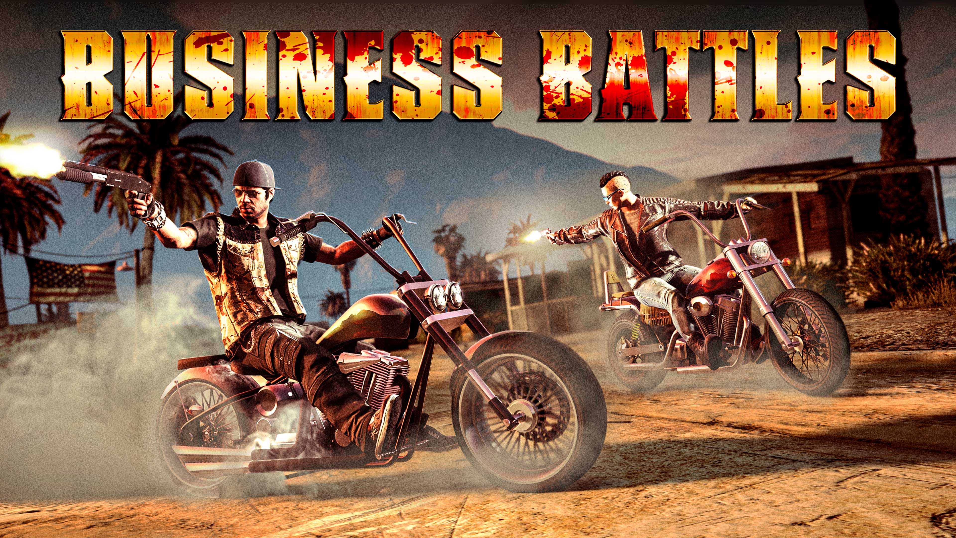 GTA 在线模式角色骑摩托车和商战任务标志的图片