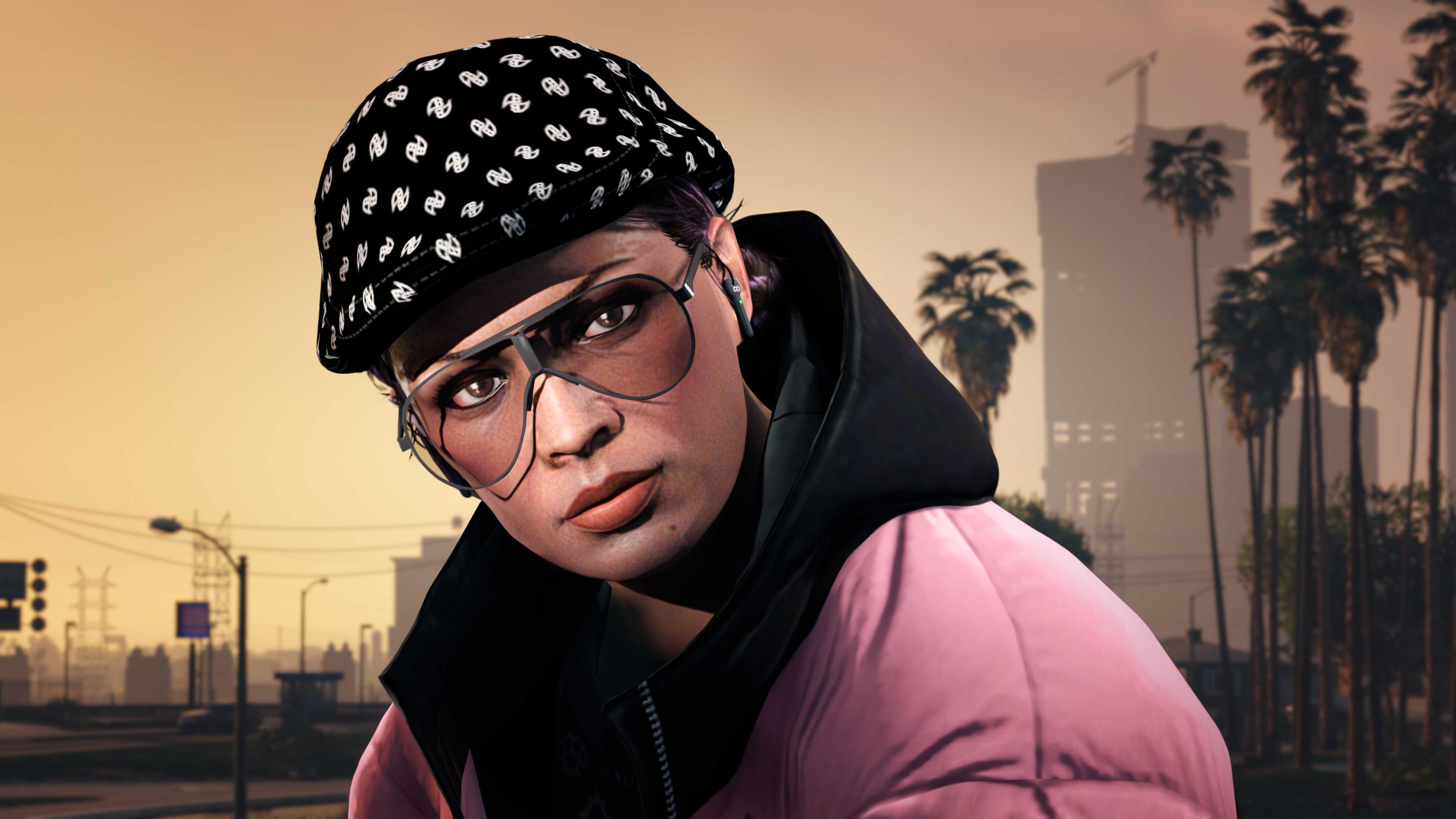 GTA 在线模式角色戴着掮客黑色扁帽和去声牌黑色耳机的图片
