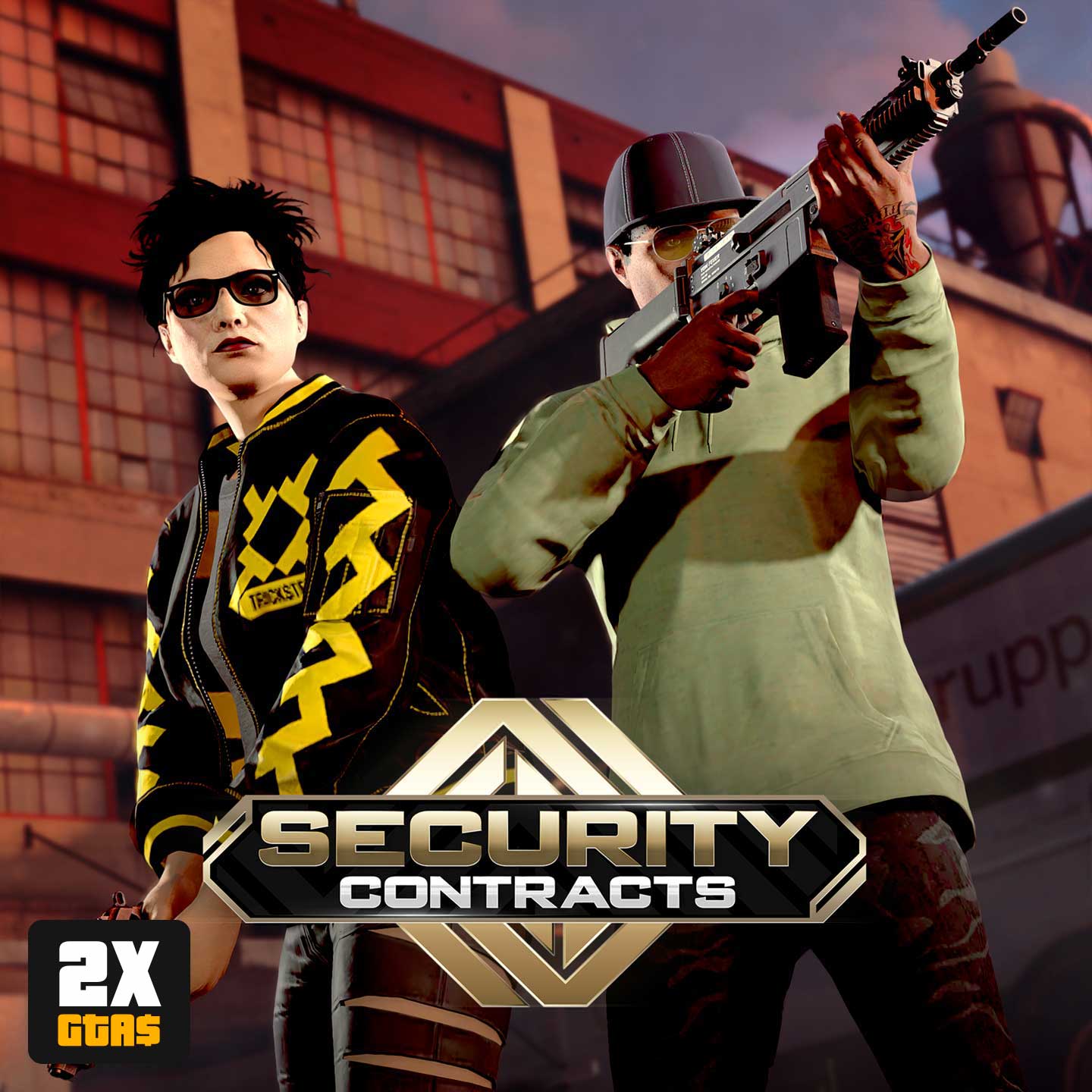 GTA 在线模式角色与安保合约标志和双倍 GTA 游戏币按钮的图片