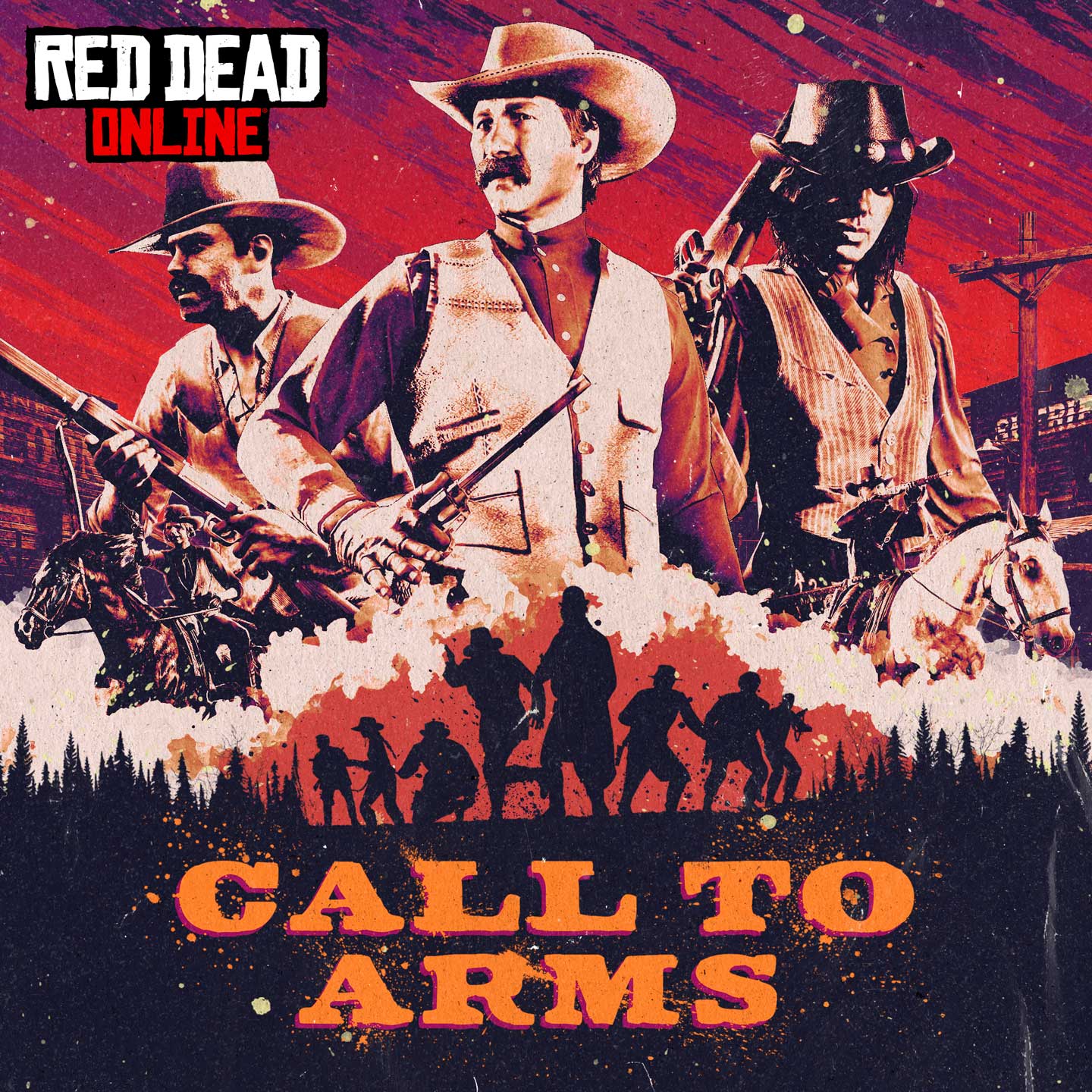 武装号召的活动海报，绘有 Red Dead 在线模式各种亡命之徒的蒙太奇艺术作品，拿着武器的亡命之徒充满了整个画面。