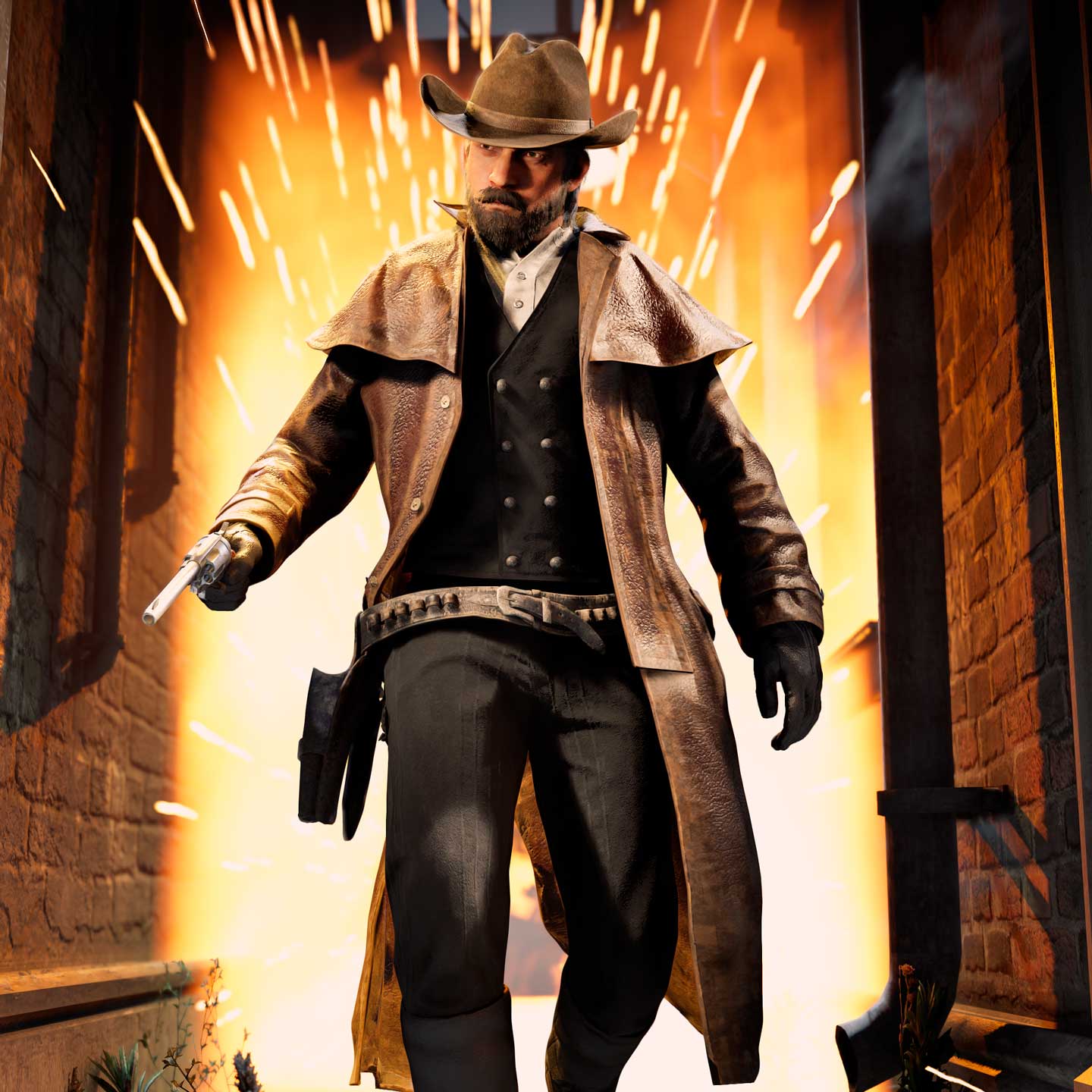一名 Red Dead 在线模式角色，穿着灵感来自社区的装束，包括一顶棕褐色帽子、一件防尘风衣、一条枪腰带、一件深色马甲，以及手套和裤子。