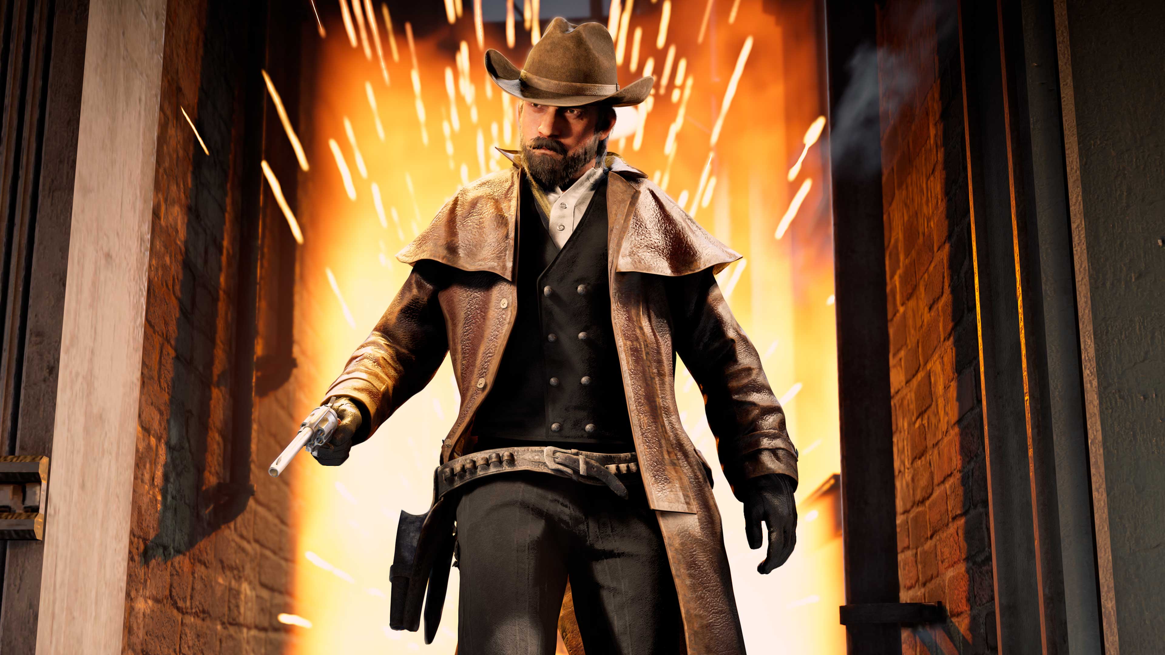 一名 Red Dead 在线模式角色，穿着灵感来自社区的装束，包括一顶棕褐色帽子、一件防尘风衣、一条枪腰带、一件深色马甲，以及手套和裤子。