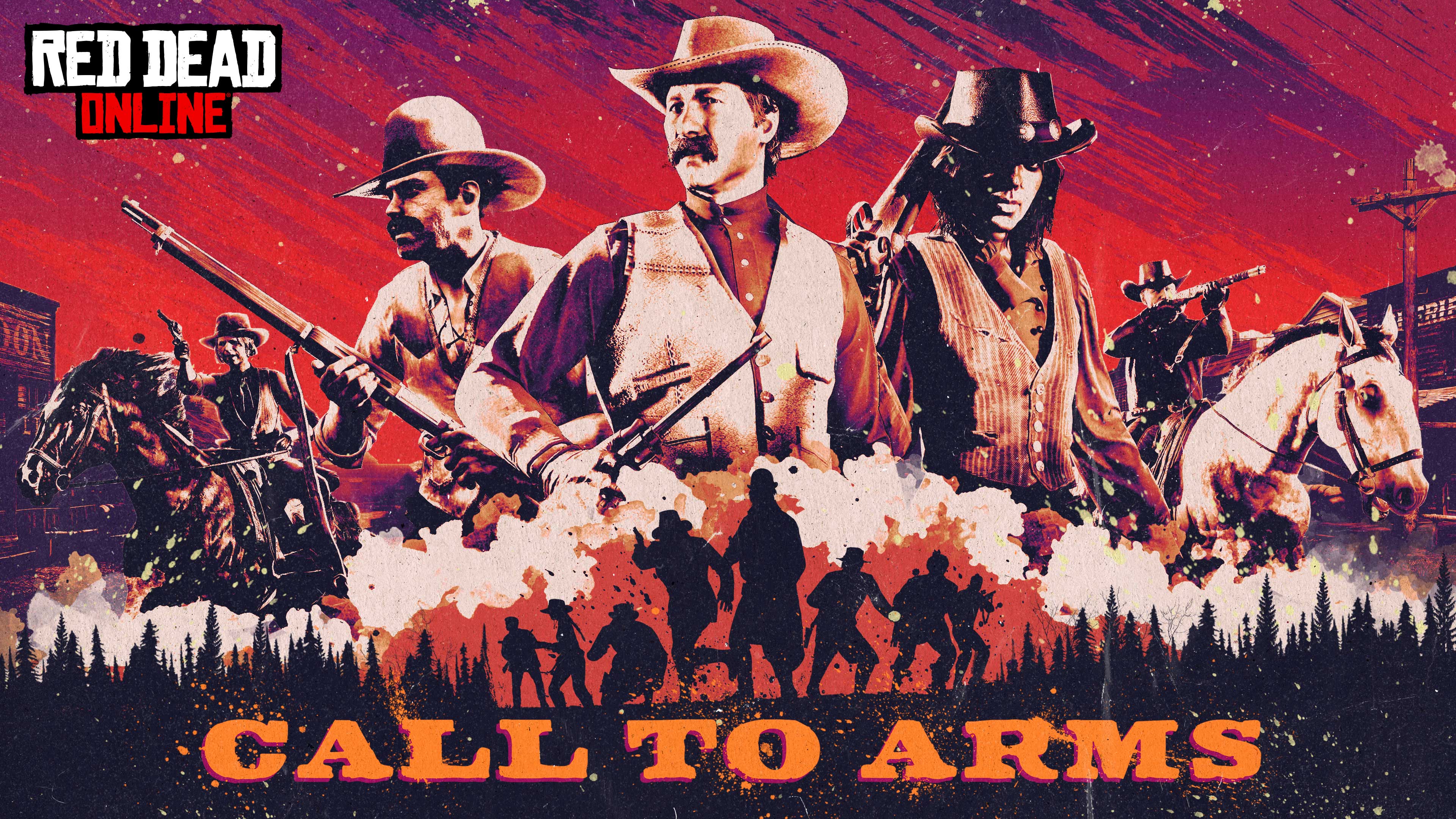 武装号召的活动海报，绘有 Red Dead 在线模式各种亡命之徒的蒙太奇艺术作品，拿着武器的亡命之徒充满了整个画面。