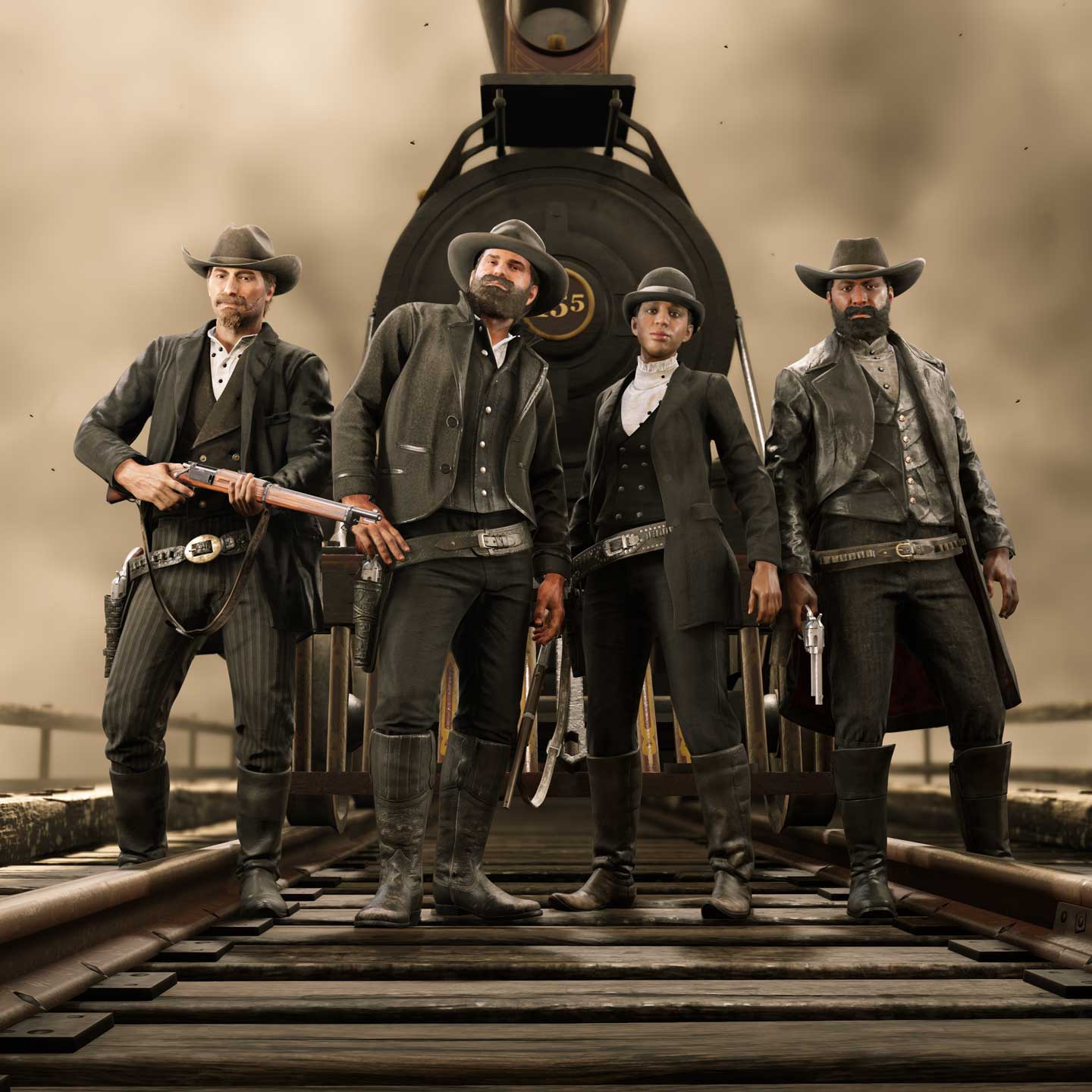 一张集体照，绘有四名 Red Dead 在线模式角色站在铁道上的一列火车前。