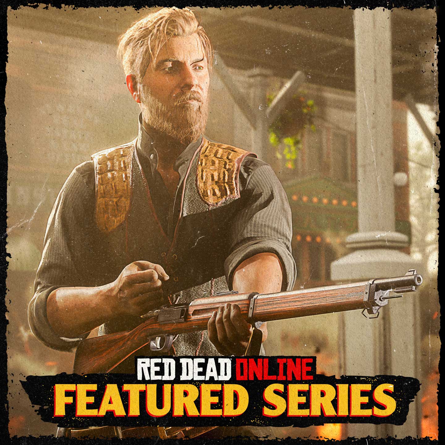 Red Dead 在线模式精选系列赛的海报，一名角色正在给步枪上膛。