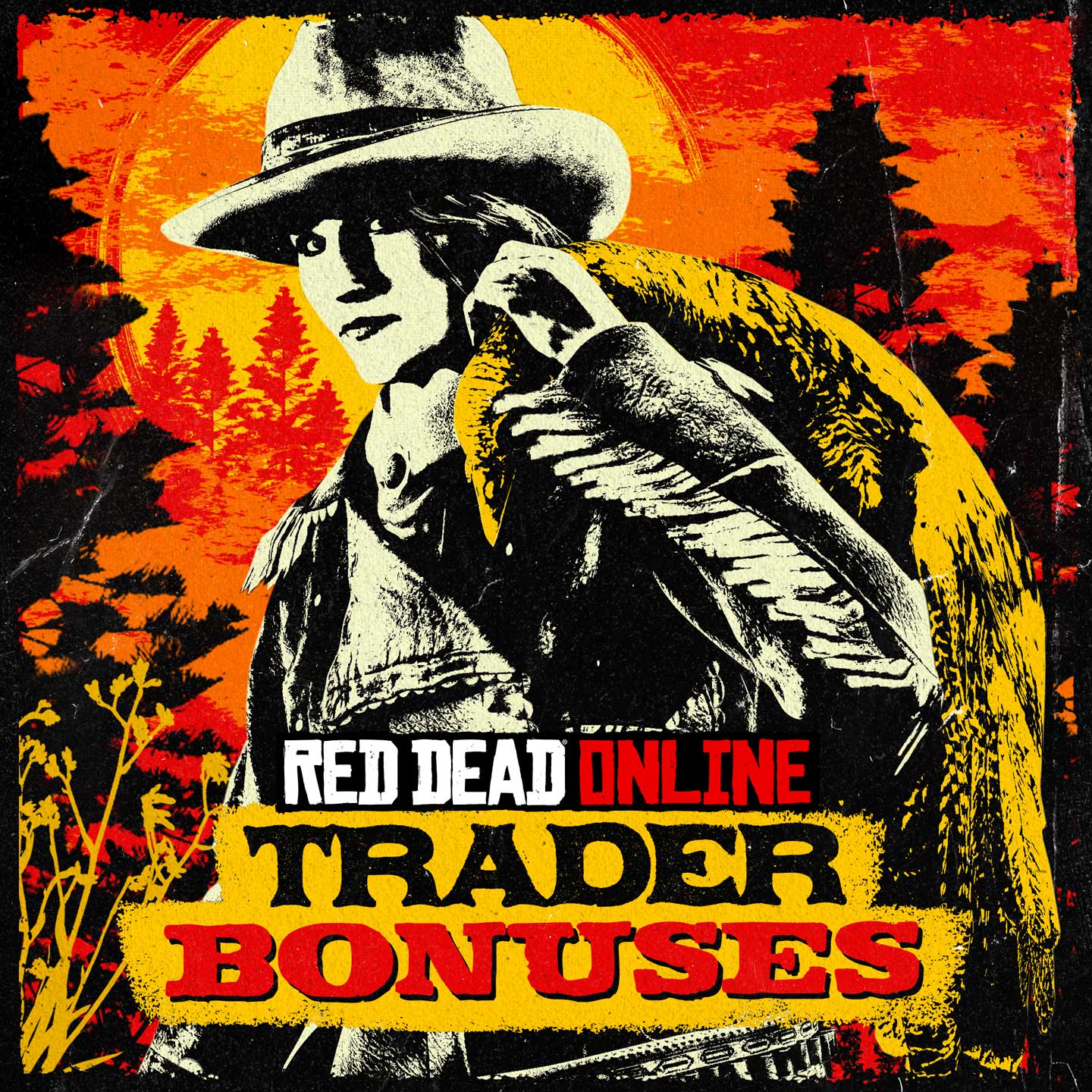 Red Dead 在线模式商贩奖励的颓废风海报，绘有一名肩上扛着猎物的角色。