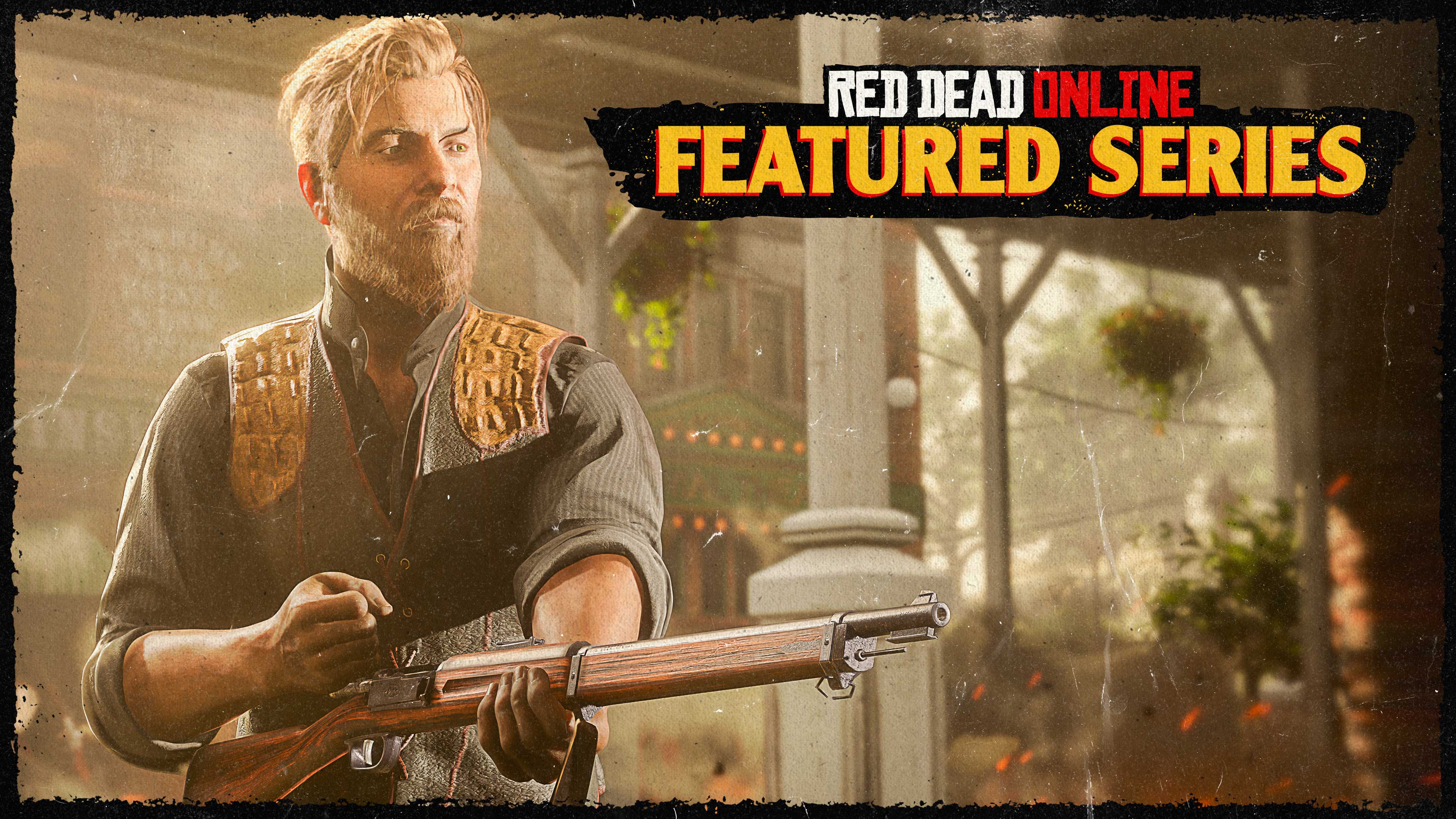Red Dead 在线模式精选系列赛的海报，一名角色正在给步枪上膛。