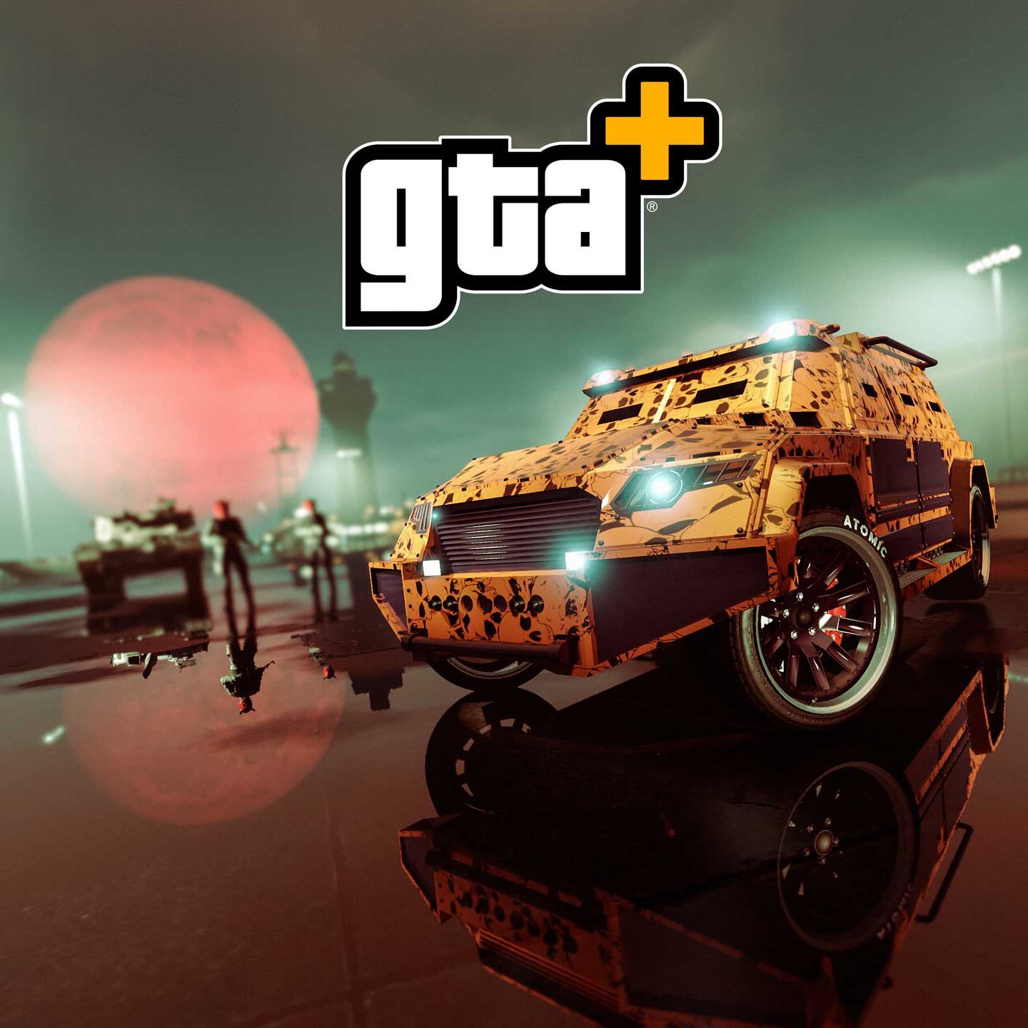 GTA+ 海报展示了一架武装的 HVY 夜鲨，有骷髅涂装