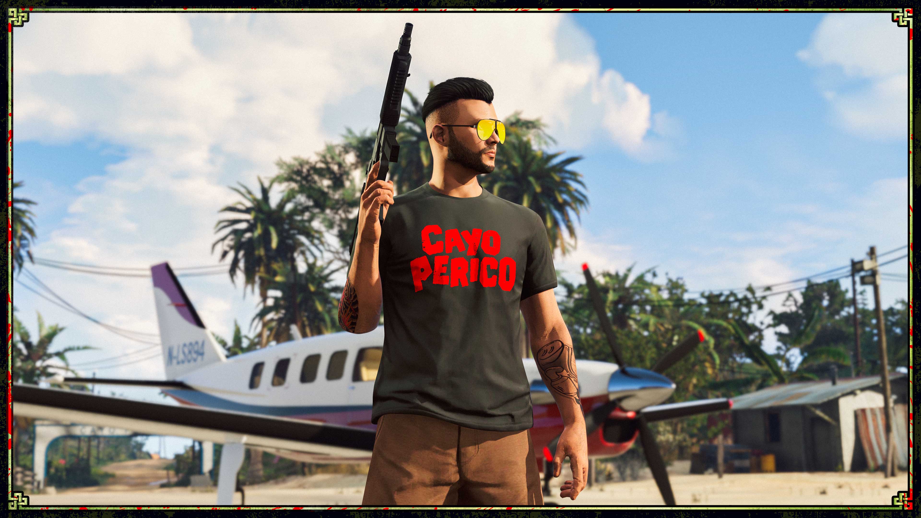 一名身穿“幸免于难”佩里科岛T恤的武装角色站在喷气机旁。